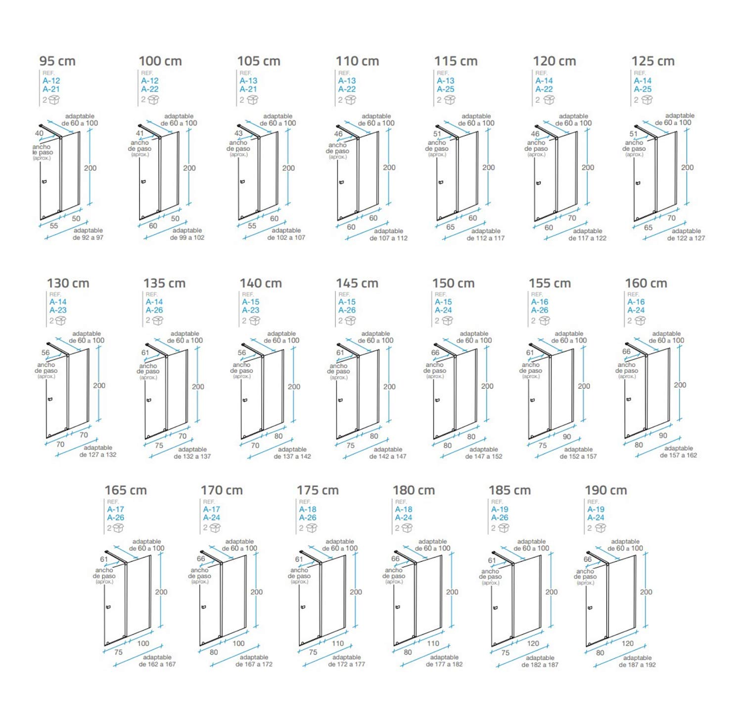 Mampara de Ducha Moderna FRONTAL CORREDERA Málaga Cromo – Fijo y puerta Corredera TRANSPARENTE – Cristal Templado 200cm Altura - Tratamiento ANTICAL y 8mm de espesor - Cromo, 185 cm