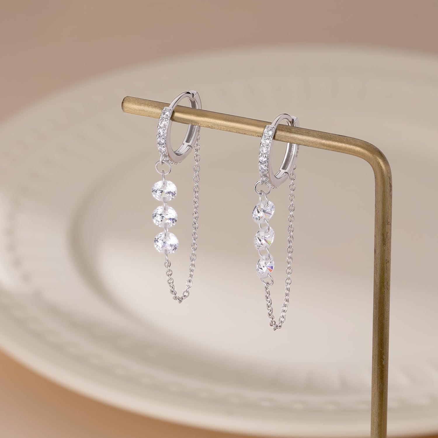 Reffeer Solid 925 Sterling Silver Chain Hoop Earrings Dangle for Women Teen Girls CZ Chain Drop Earrings - Image 6