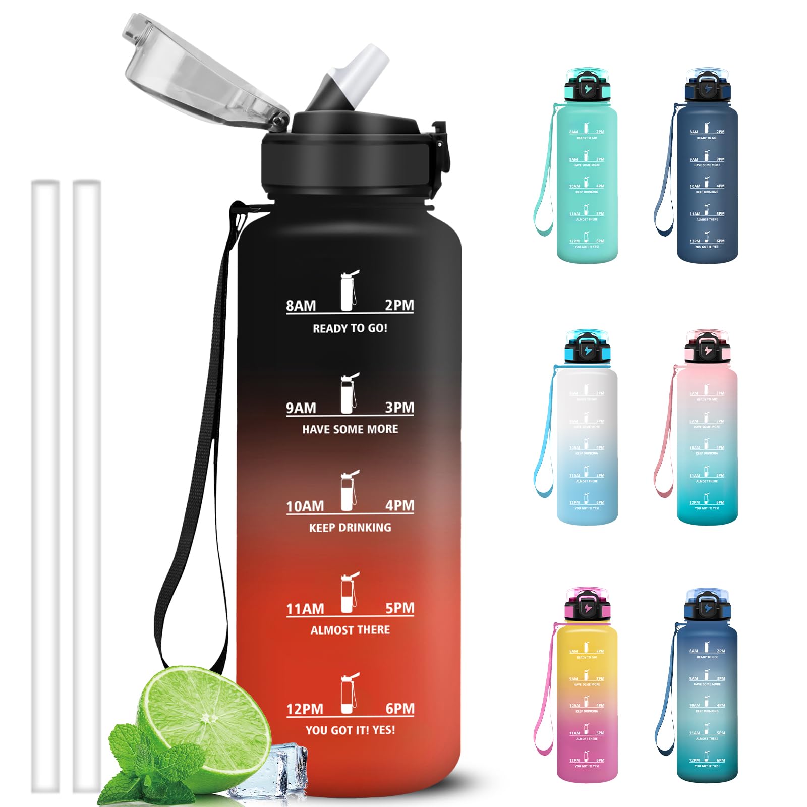 Grsta Borraccia 1,5 litri, Borraccia Palestra, Borracce Graduata con Cannuccia, Facile da Pulire, Bottiglia con Indicatore del Tempo Motivazionale per Bicicletta, Outdoor, Trekking