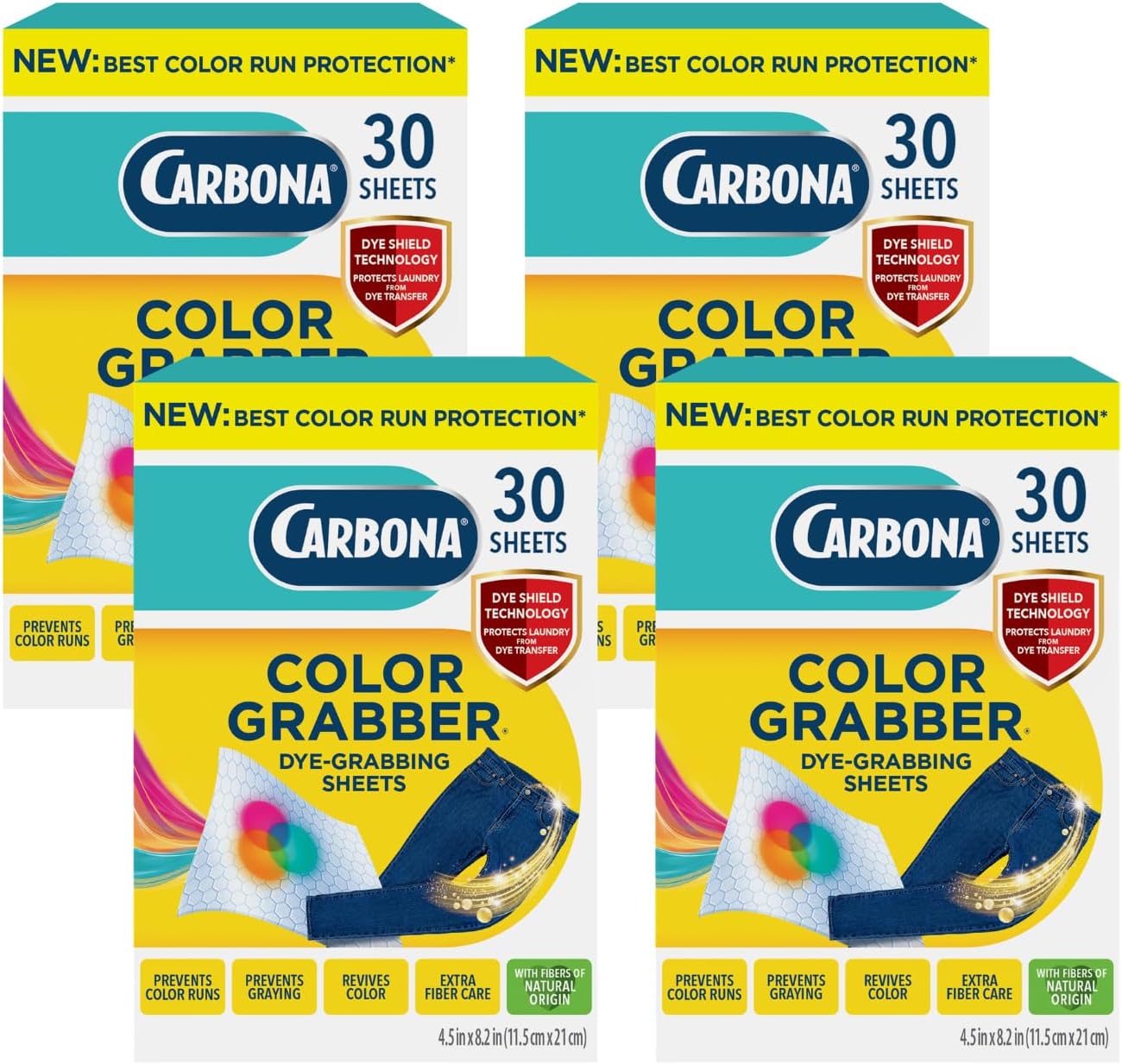Carbona Color Grabber (30 Sheets), Prevents Color Runs & Dye Transfer in Mixed Loads, Helps Prevent Graying, Revives Colors, Plant-Based Fibers | 4 Pack