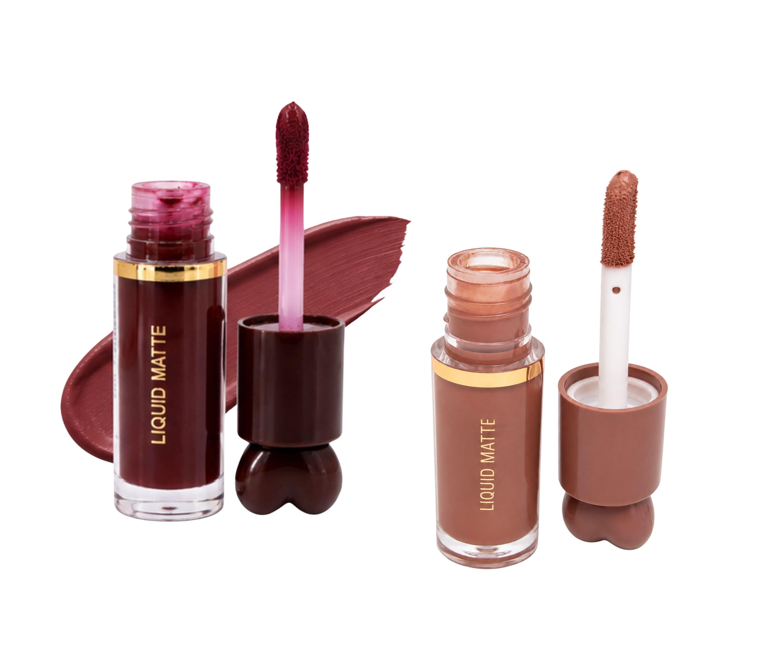 Liquid Matte Lipstick Combo - Pack of 2 | Long Lasting Waterproof Liquid Lip Tint Set | Highly Pigmented Nude Brown & Deep Wine Berry Matte Lip Color Kit with Cute Heart-Top Cap-image-29
