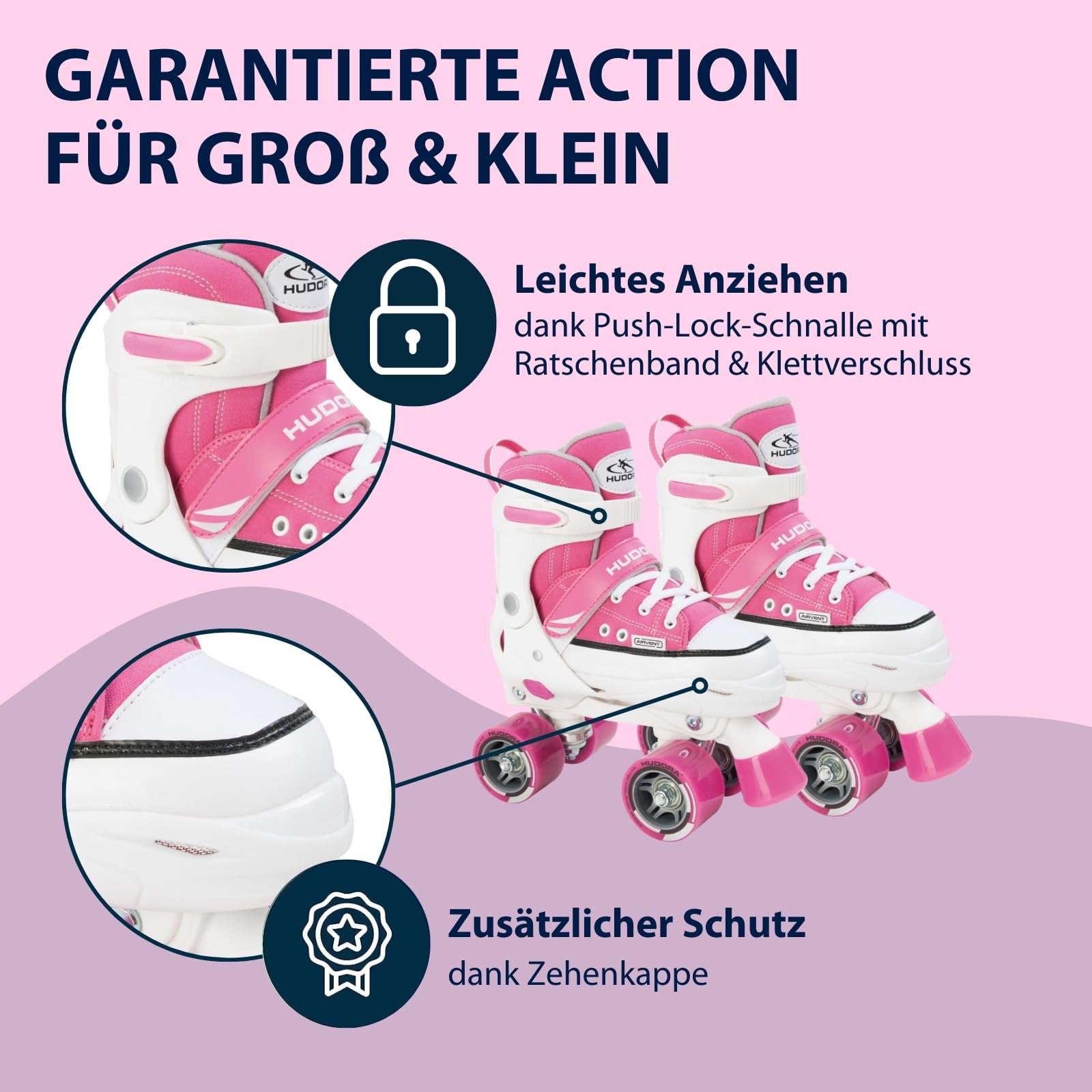 HUDORA Hochwertige Rollschuhe - Pink/Schwarz, Verstellbar, ABEC 3 Carbon-Kugellager, Nylonstiefel, Aluminium-Truck, Größe 32-35, Für Kinder & Jugendliche