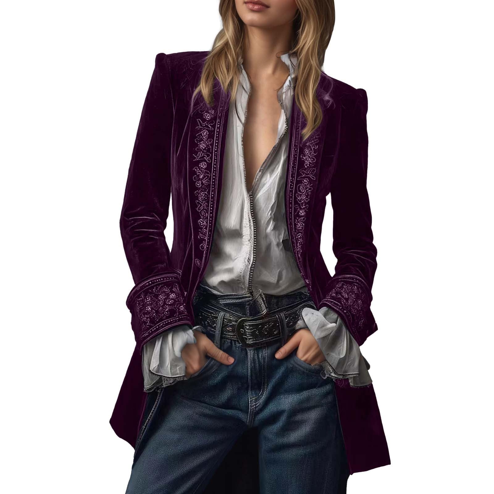 Generic Velvet Jacket Women's Vintage Long Embroidered Blazer Women Open Front Coat Gothic Steampunk Outerwear Solid Elegant Baggy Velvet Jacket Formal Carnival Costume Jacket, purple, M — image 1