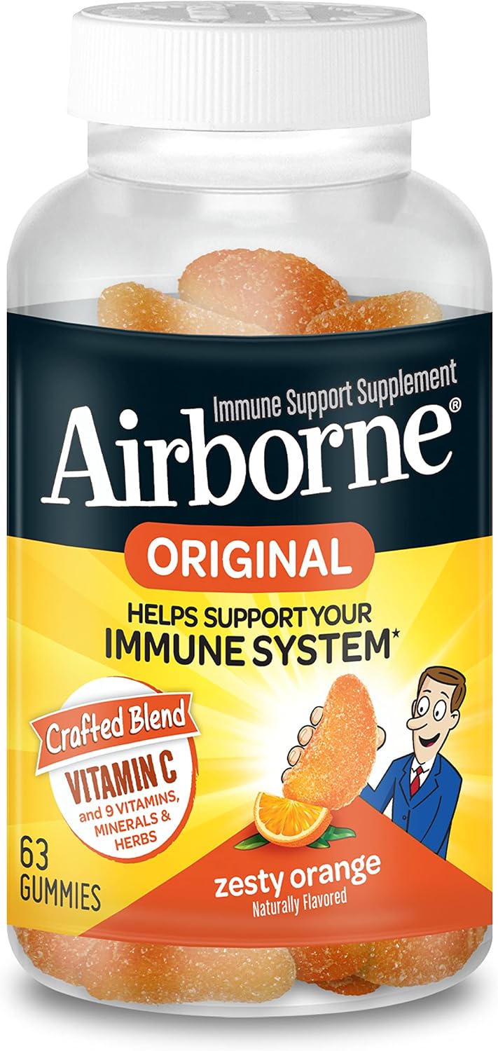 Airborne 750mg Vitamin C Gummies For Adults, Immune Support Supplement with Powerful Antioxidants Vitamins C & E - 63 Gummies, Zesty Orange Flavor