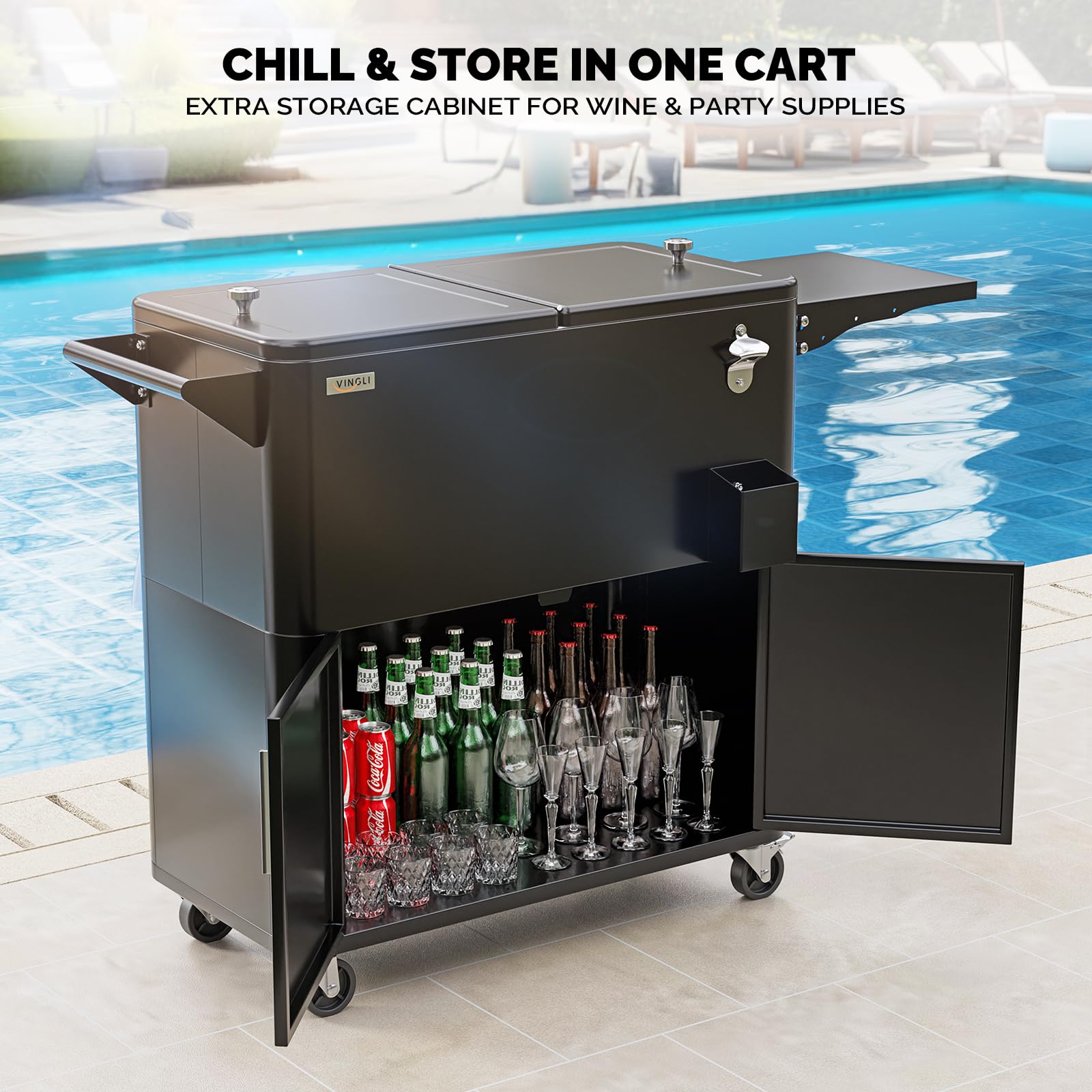 Bonnlo 76L Refrigeratore per bevande su ruote con armadietto – Carrello frigorifero portatile con apribottiglie, scarico e rotelle, carrello da servizio, frigo per giardino, terrazza, piscina e feste