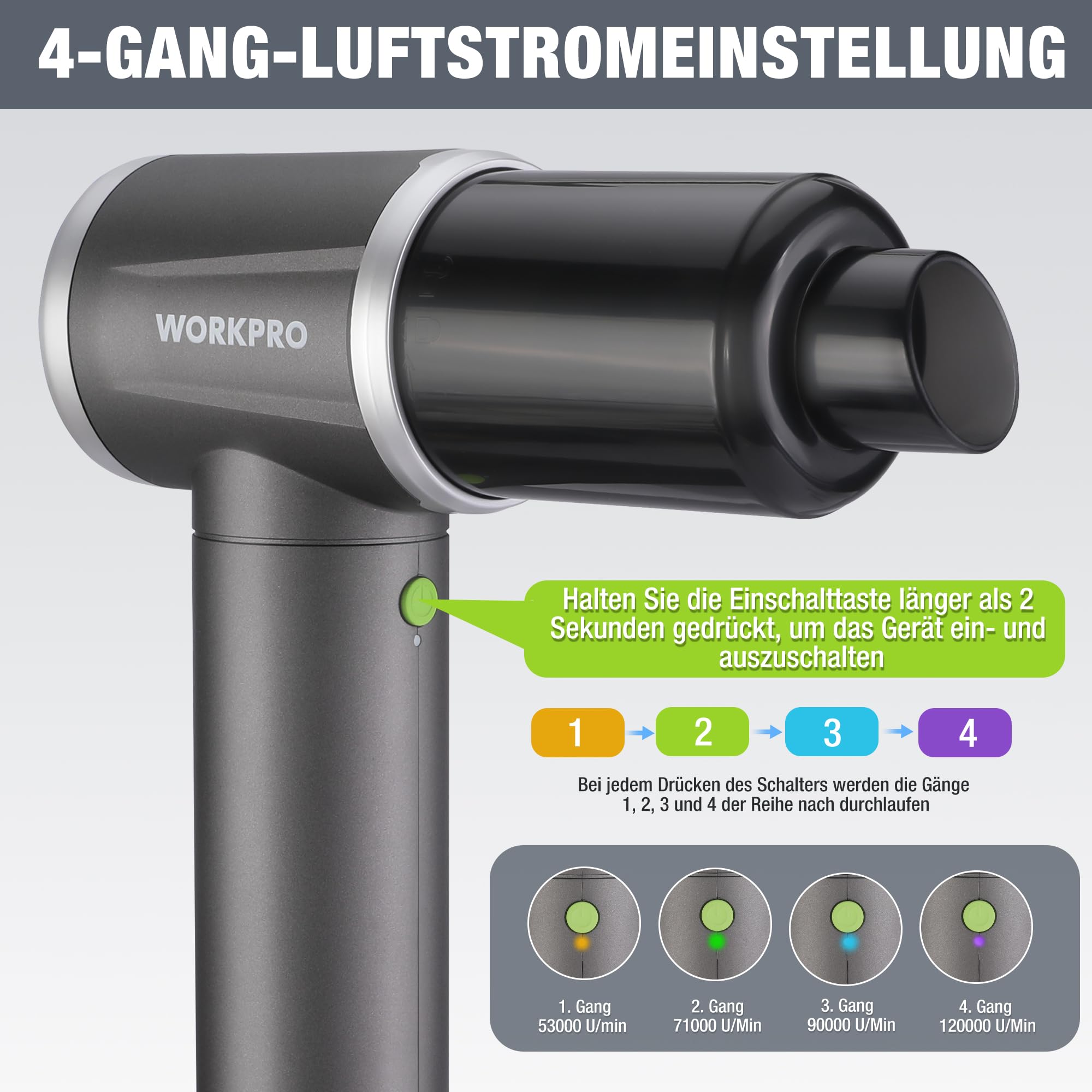 WORKPRO 2-in-1 Elektrisches Staubgebläse 120000 U/min, 4-Gang Druckluft Air Duster, Type-C Wiederaufladbarer Staubbläser, Tragbares Akku Luftdruckspray für Auto, Tastatur, Outdoor, und Luftmatratzen