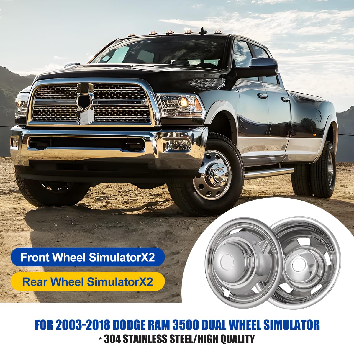 Nixon Offroad 17 Dually Wheel Simulators for 2003-2018 Dodge Ram 3500 Stainless Front Rear Wheel Simulator Wheel Cover Hubcaps Replacements, Set of 4