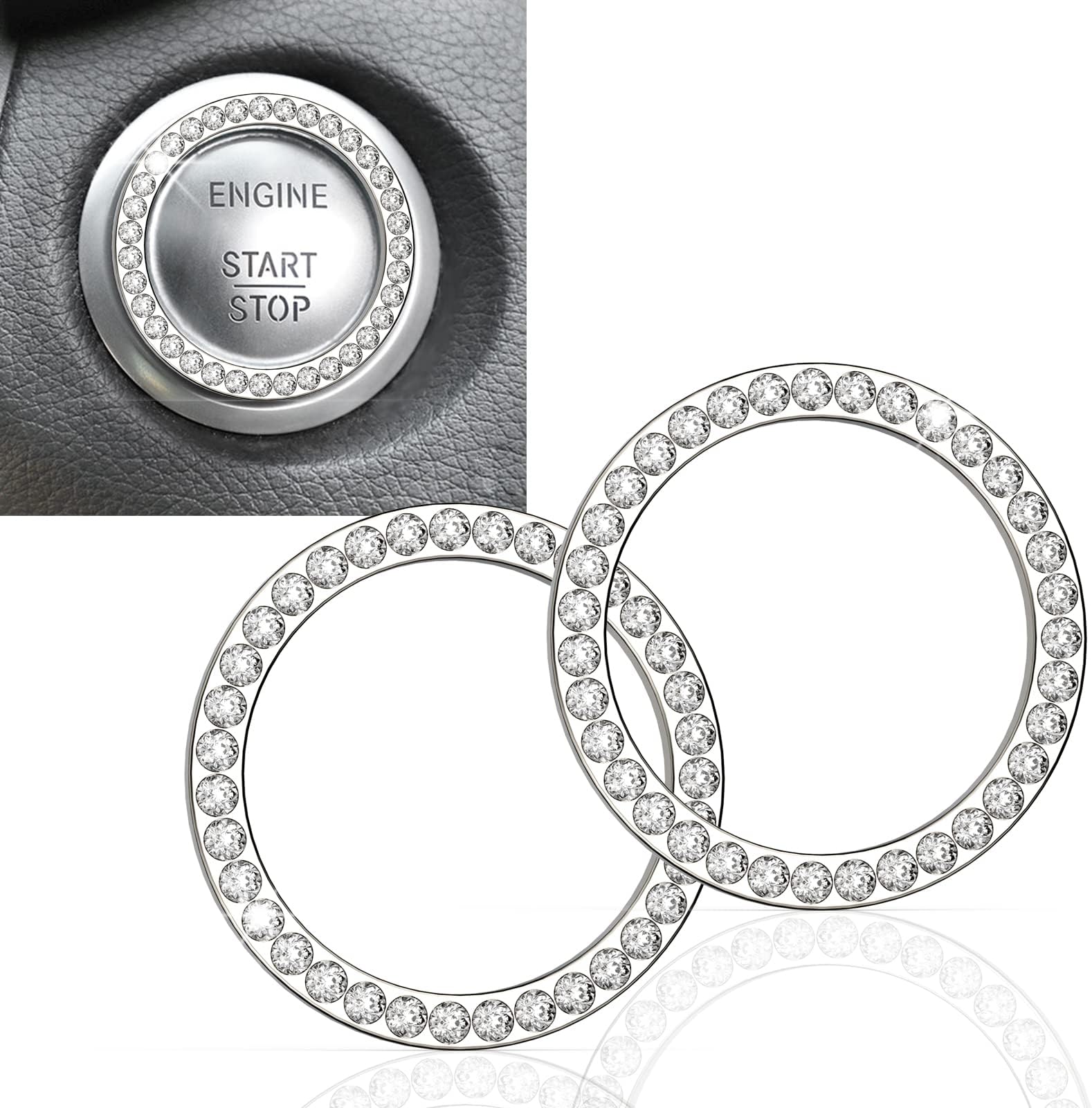Earthland 2Pcs Crystal Rhinestone Ring for Car Interior Decoration, Auto Engine Start Stop Crystal Ring Decoration for Vehicle Ignition Button-Silver
