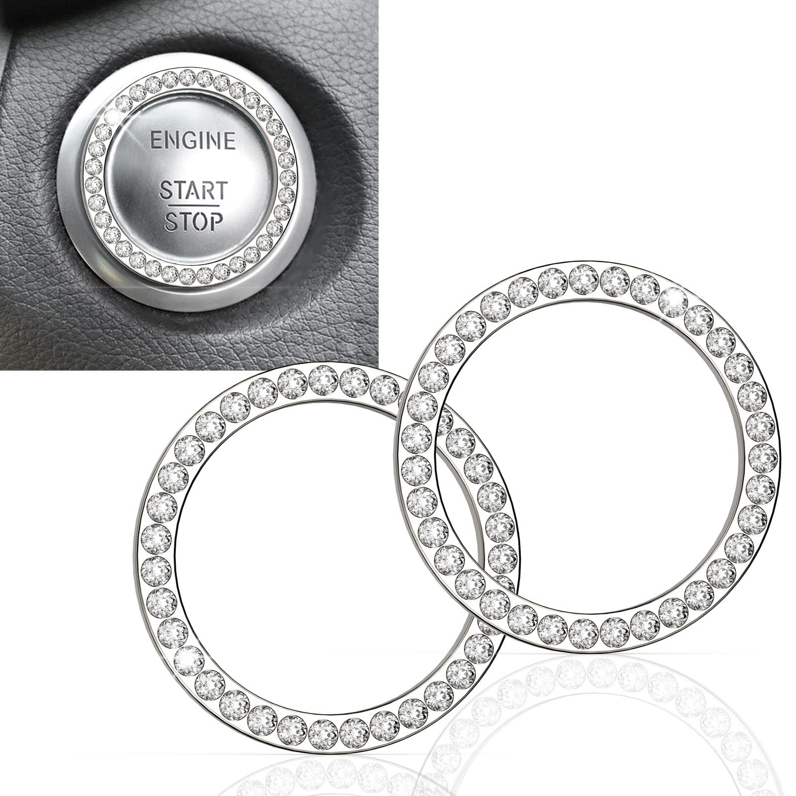 Earthland 2Pcs Crystal Rhinestone Ring for Car Interior Decoration, Auto Engine Start Stop Crystal Ring Decoration for Vehicle Ignition Button-Silver