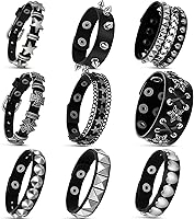 Sureio Studded Leather Punk Rock Cuff Bracelets Set - 9pc Retro Vintage 80s Chain Wristbands for Men Women