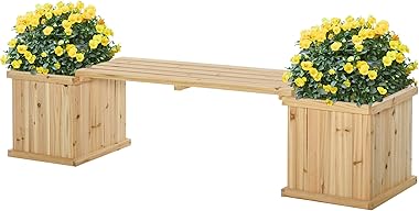 Outsunny Hochbeet Gartenbank mit 2 Pflanzkasten Holz Sitzbank mit Blumenkasten Garten Holzbank Parkbank Natur 176 x 38 x 40 c