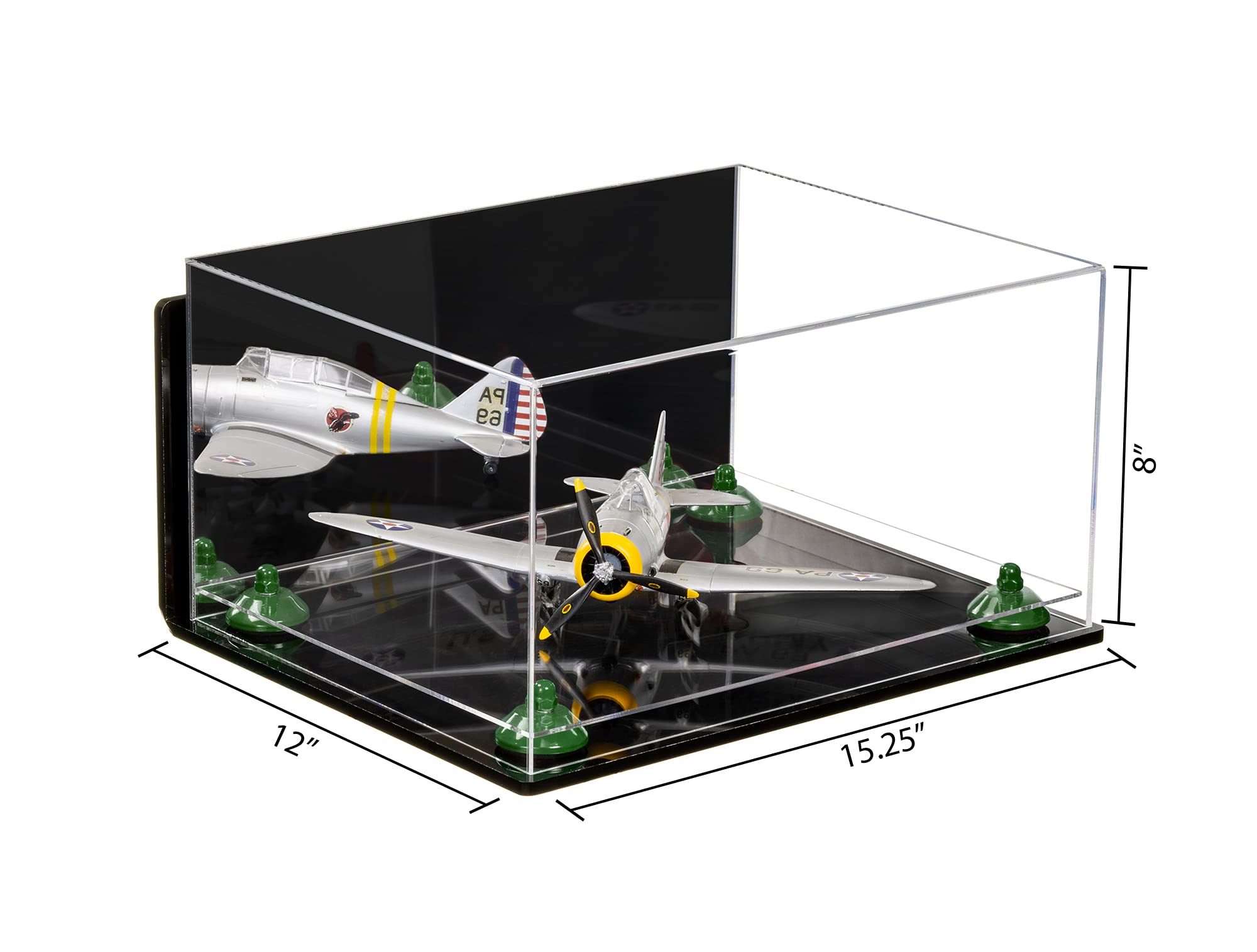 Better Display Cases Acrylic Versatile Display Case - Large Rectangle Box with Mirror Case, Green Risers, Wall Mount and Clear Base 15.25