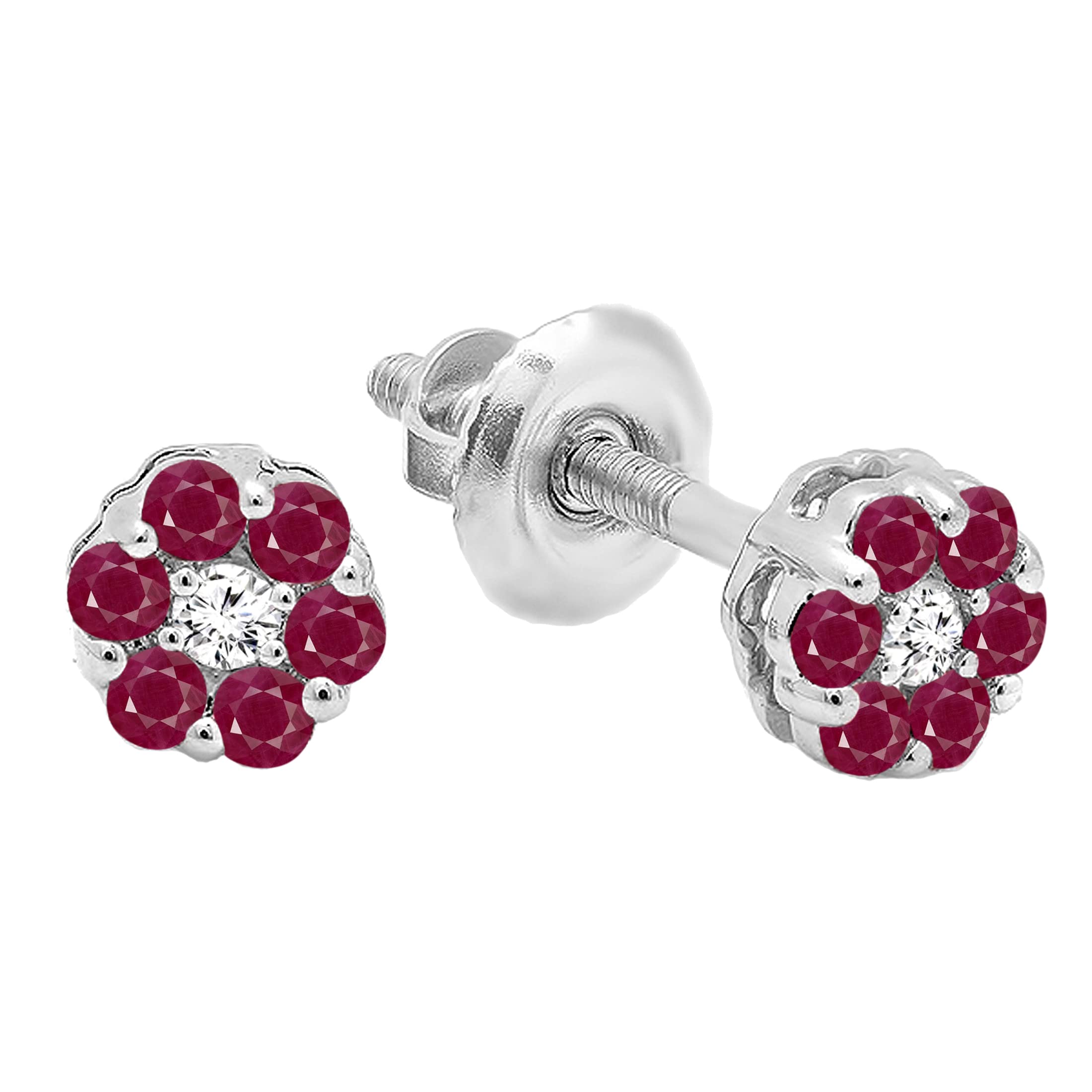 Dazzlingrock Collection Round Ruby & White Diamond Cluster Flower Earrings for Women in 14K Solid White Gold, Screw Back