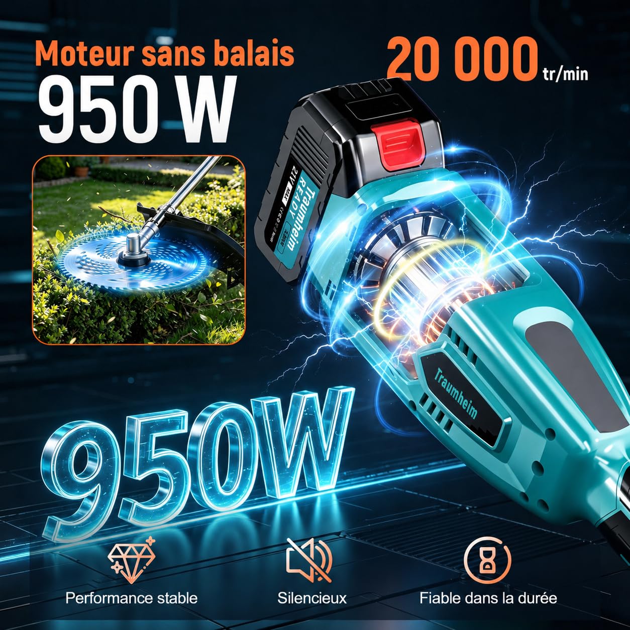 Tap&Go Débroussailleuse avec batterie 4 en 1 pour batteries Makita, débroussailleuse sans balais 950 W avec brosse à mauvaises herbes de 15 cm, Tap&Go, 2 batteries de 4,0 Ah, coupe-bordures