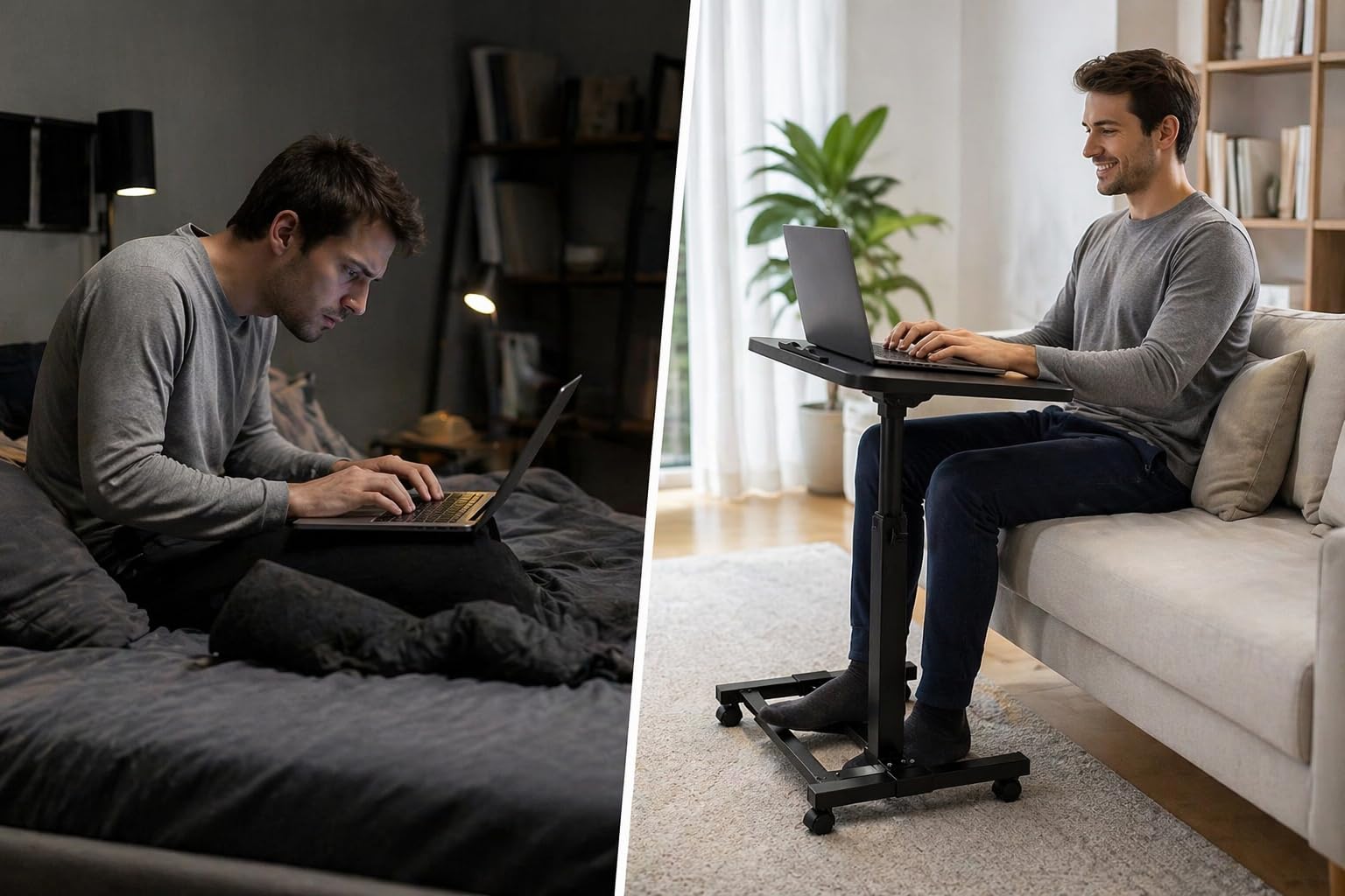 Generico Tavolino Laptop Regolabile con Ruote, Tavolo PC per Divano e Letto, Altezza Regolabile 59–89 cm, Tavolino Porta Notebook Girevole 360°, Scrivania Salvaspazio per Casa Ufficio
