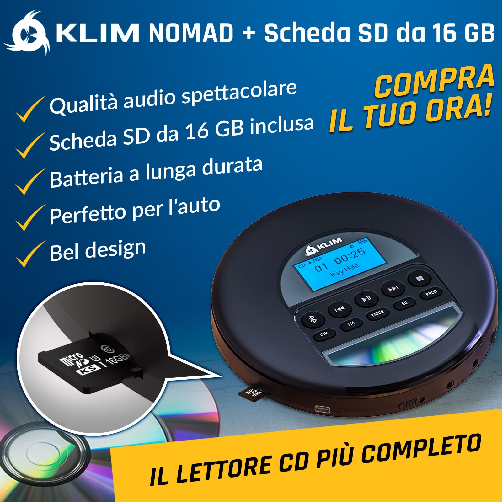 KLIM Nomad Lettore CD Portatile Bluetooth 16GB TF Card Radio FM Nero