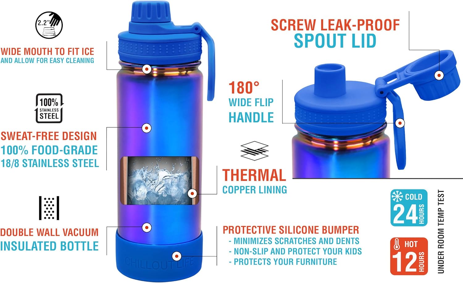 CHILLOUT LIFE 22 oz Kids Insulated Water Bottle for School with Leakproof Spout Lid and Cute Waterproof Stickers, Personalized Stainless Steel Thermos Flask Metal Water Bottle, Magic Blue - Image 3