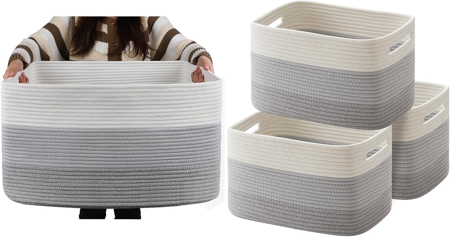 OIAHOMY Storage Basket, Woven Baskets for Storage - Pack of 3-Large Cotton Rope Basket, Rectangle Woven Baskets for Storage(Gradient Grey)