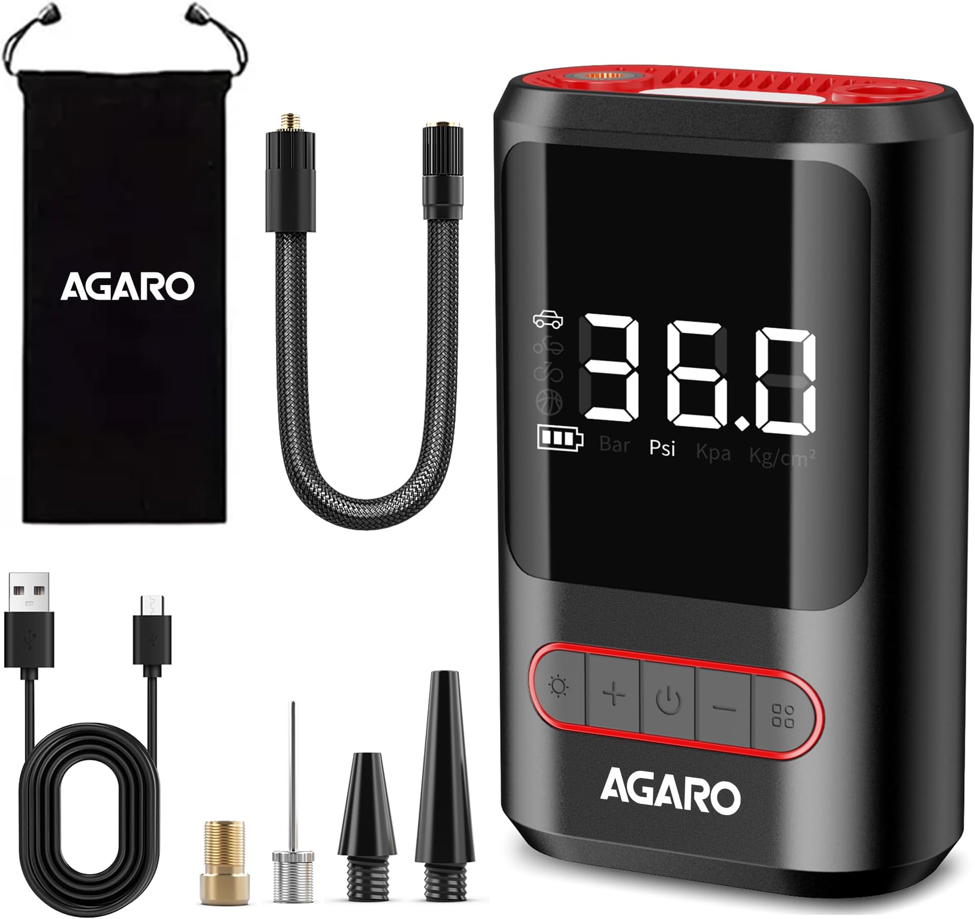 AGARO Galaxy Portable Tyre Inflator for Cars, Bikes, Bicycles & Balls, 150 PSI Pressure, 2 X 2000mAh Battery, Digital Display, Pressure Detection, Auto Cut-Off, Type-C Charging, SOS Modes