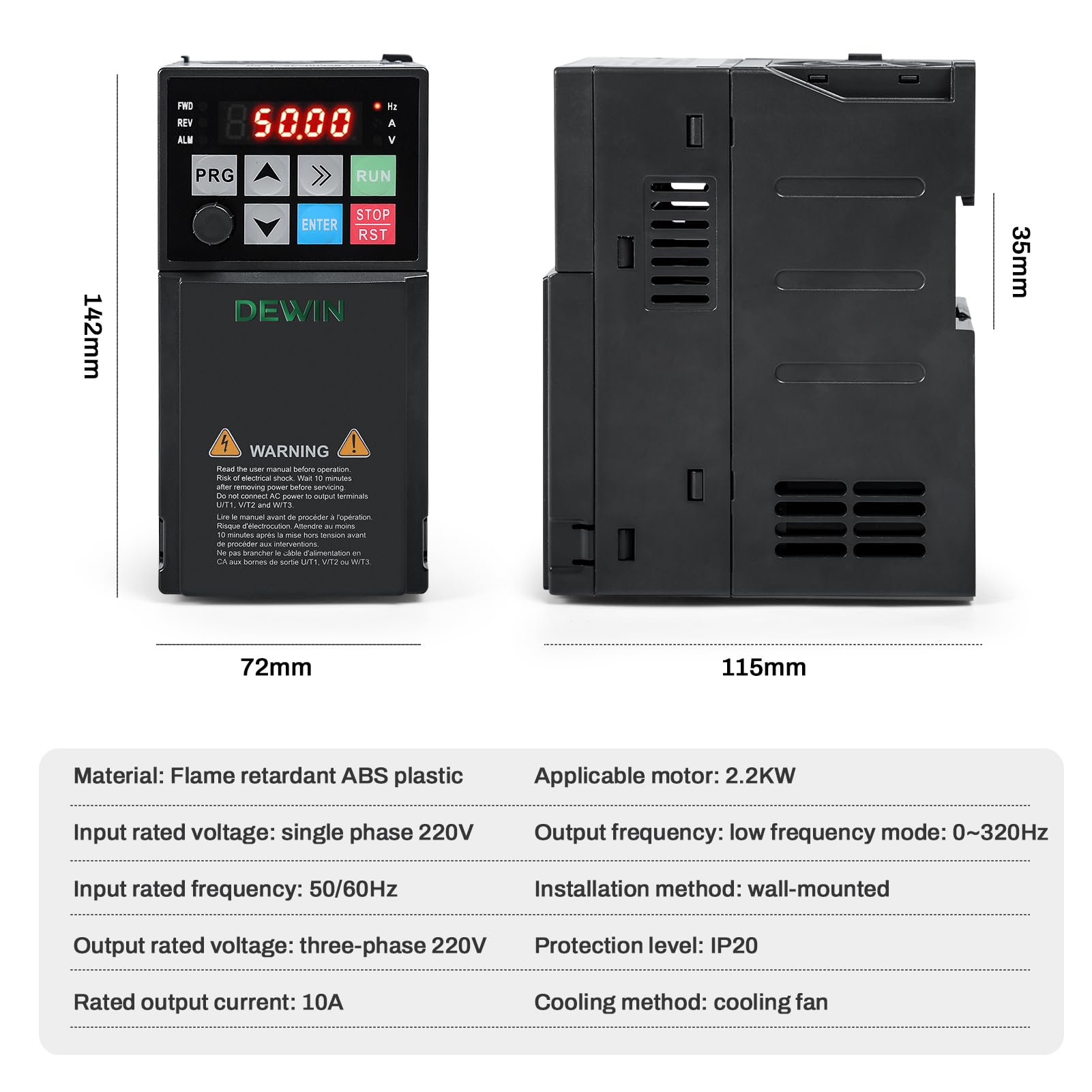 DEWIN Inverter Monofase per Motore Trifase, 2.2KW 220V Ingresso Monofase Uscita Trifase,Inverter per Motori Trifase Azionamento a Frequenza Variabile (Con Manuale in Italiano)