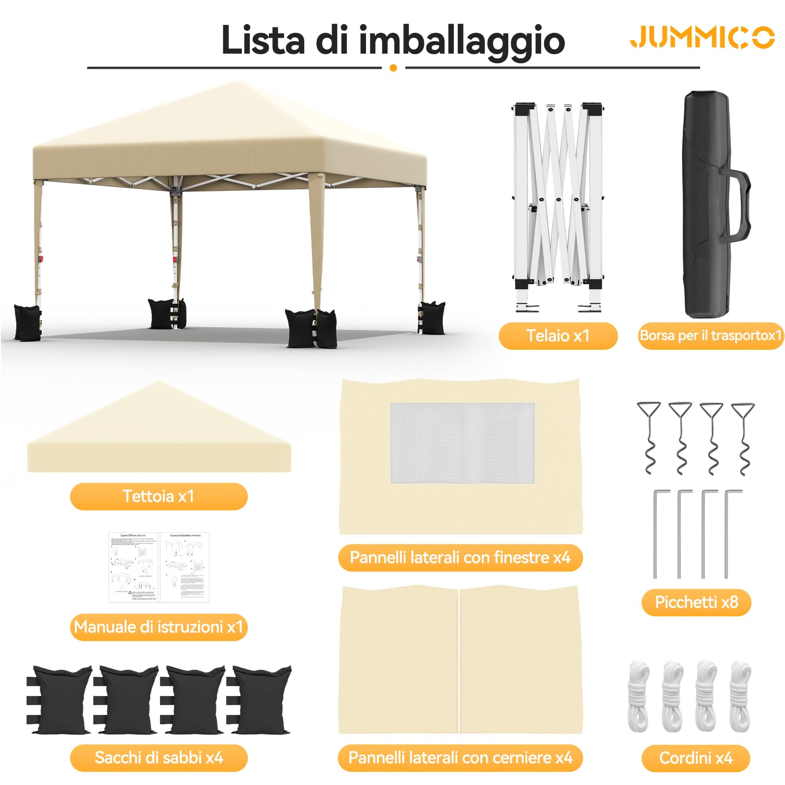JUMMICO Gazebo 3x3 Pieghevole Impermeabile｜Zanzariera Arieggiata Anti-Insetti｜Robusto, Durevole, Impermeabile e Anti-UV｜Installazione e Rangement Rapidi｜Ideale per Cortile, Campeggio e Altro｜Beige