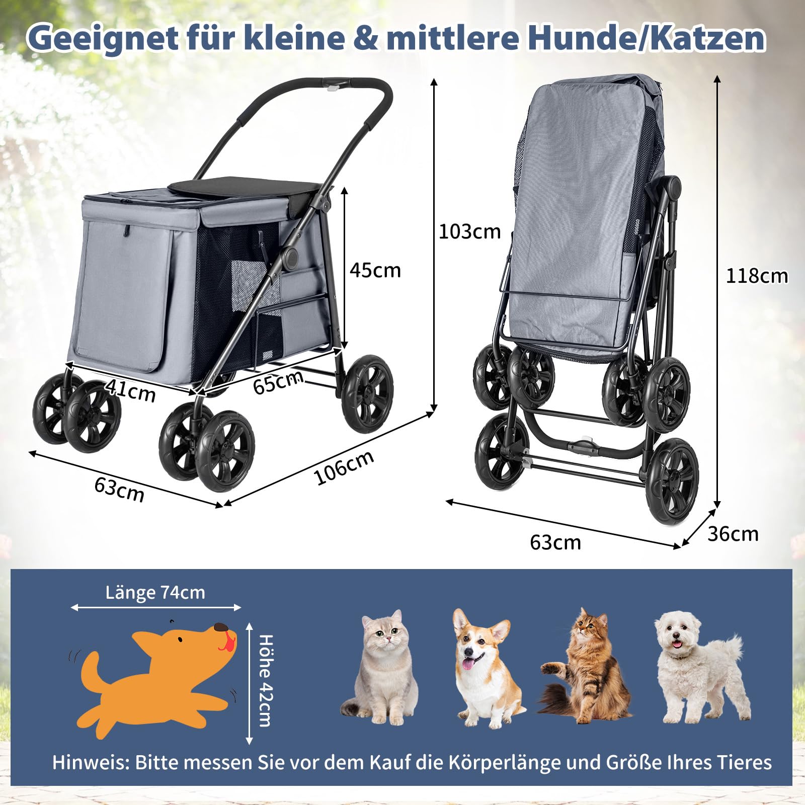 COSTWAY Hundewagen, Hundebuggy klappbar, bis 40 kg, Hundetrolley mit Kissen, Haustierwagen mit Netzfenstern & oberem Ablagefach & 2 Türen & Seitentaschen, Haustiere Buggy für Hunde Katzen (Grau)
