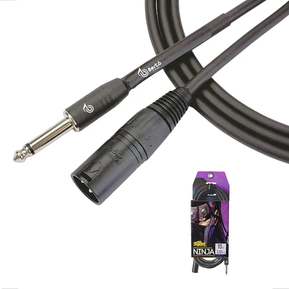 Cabo Para Microfone Bertô By Santo Angelo Ninja 3 Metros Balanceado Cinza Chumbo P10 Macho XLR Macho Ninja Profissional