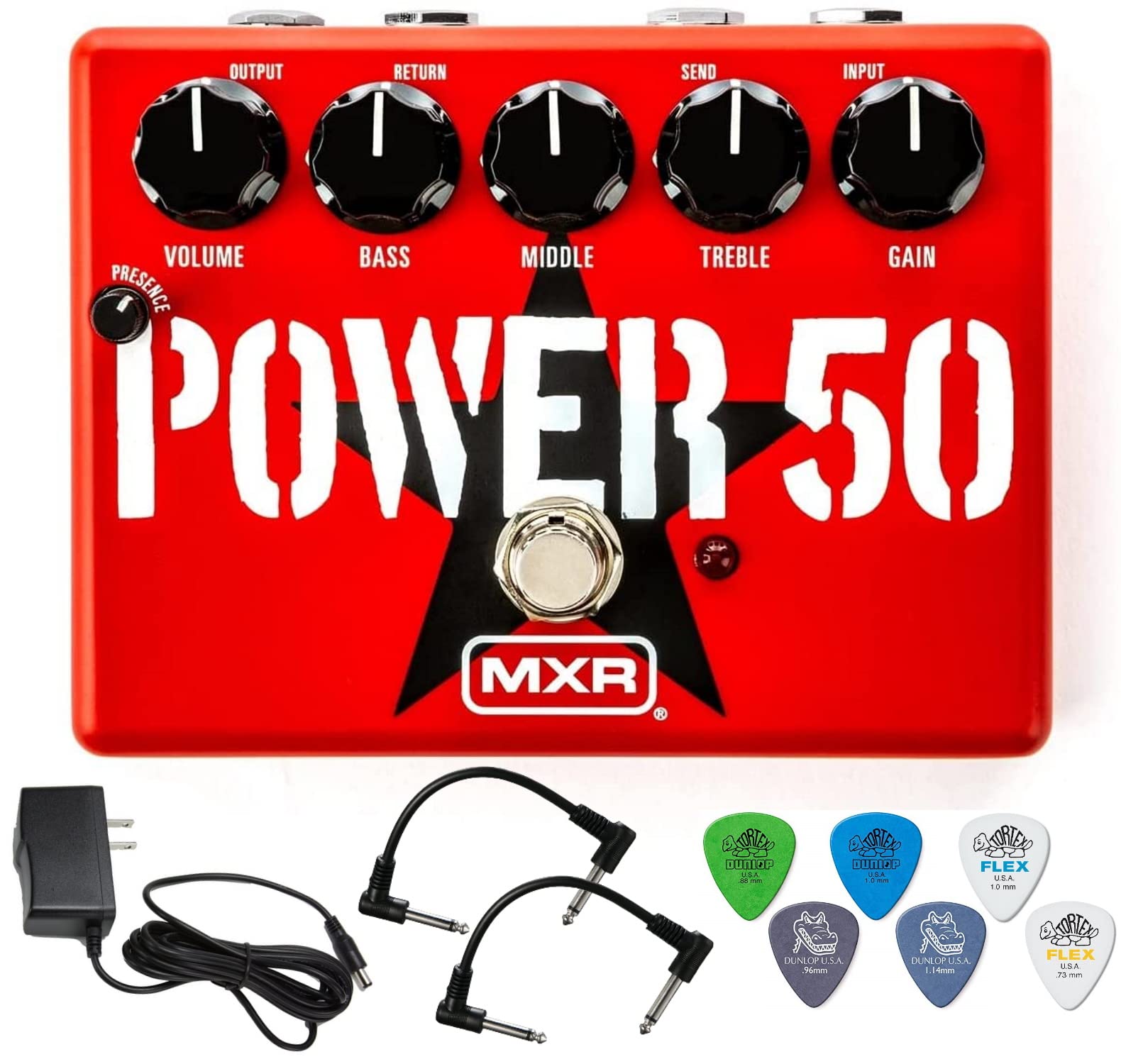 MXR TBM1 Tom Morello Power 50 Overdrive Bundle con 2 cables de conexión, 6 púas Dunlop y fuente de alimentación de 9 V