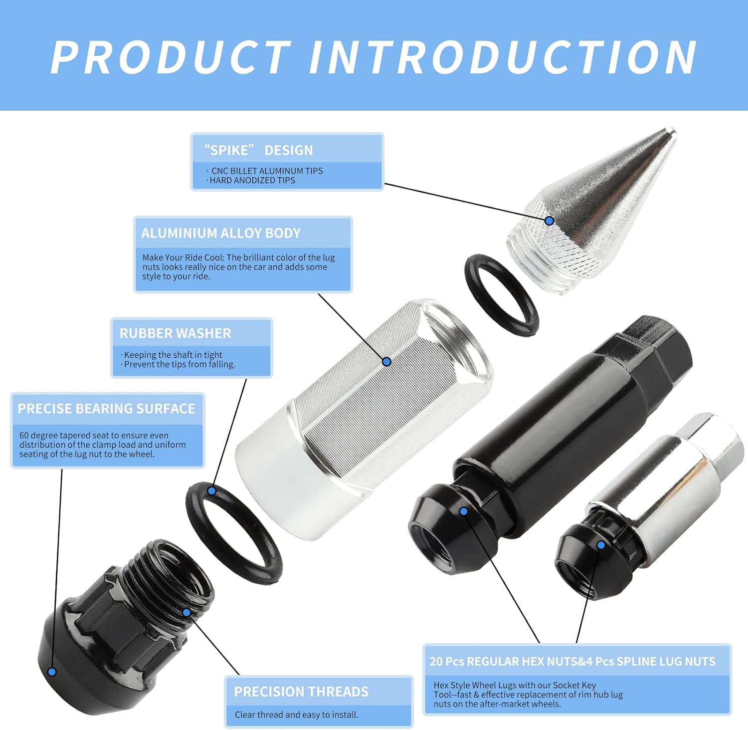 24Pcs Anti Theft Spikes Extended Tuner Wheel/Rims Lug Nut M14X1.5+Socket(Silver)