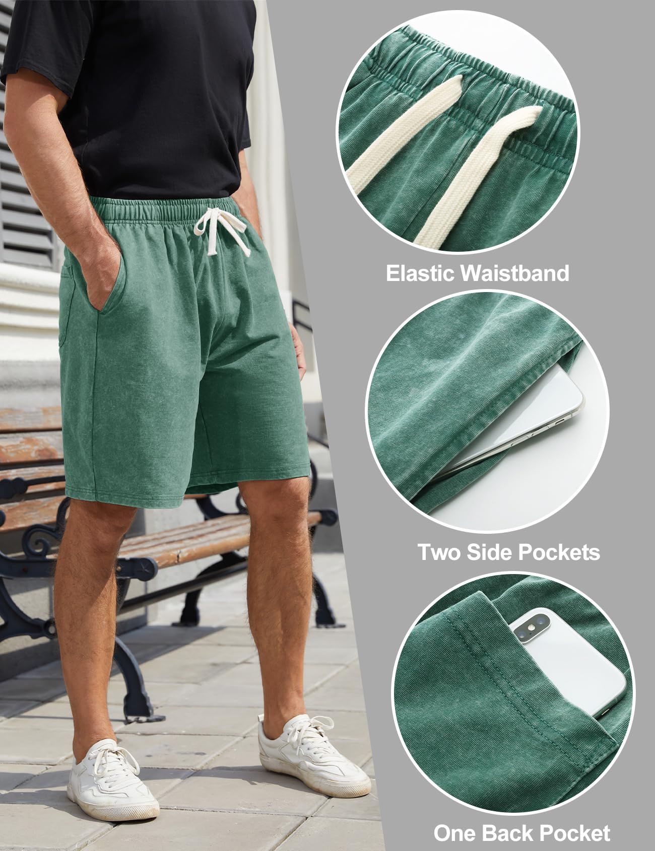 Flygo Herren-Sweatshorts, säuregewaschene Baumwolle, elastischer Bund, Kordelzug, Fitnessstudio, Workout, Joggerhose mit Taschen, 3er-Pack