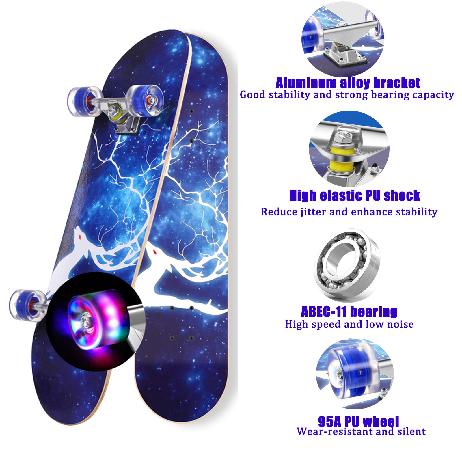DFWYG Monopatín de 9 Capas de Arce Moderno, de 31 Pulgadas, para Niños, Principiantes, Adolescentes, Adultos, Skateboard Completo con Ruedas de Luz LED Intermitentes y Mochila Portátil