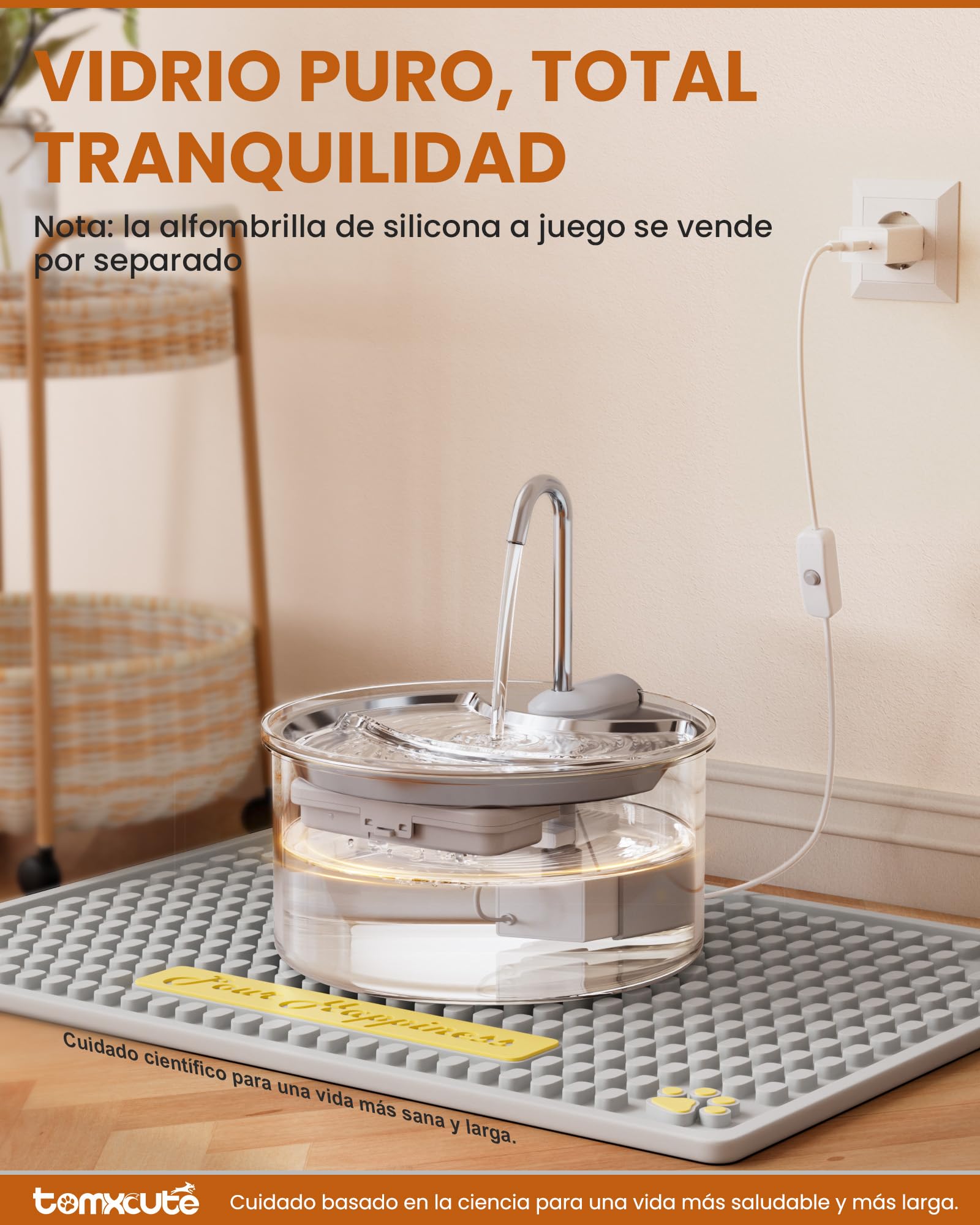 TOMXCUTE Fuente Gatos Cristal 2,5L con Nivel Visible 360° | Vidrio transparente, luz cálida, bomba silenciosa y 3 filtros incluidos para agua fresca