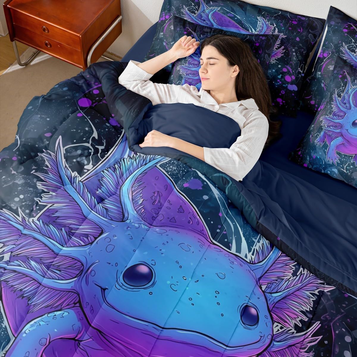 Erosebridal Axolotl Bedding Set Queen Cute Axolotl Comforter Set 7 Piece Sealife Salamander Bed in A Bag for Kids Adults Ocean Reptile Animal Quilt with Flat Fitted Sheet