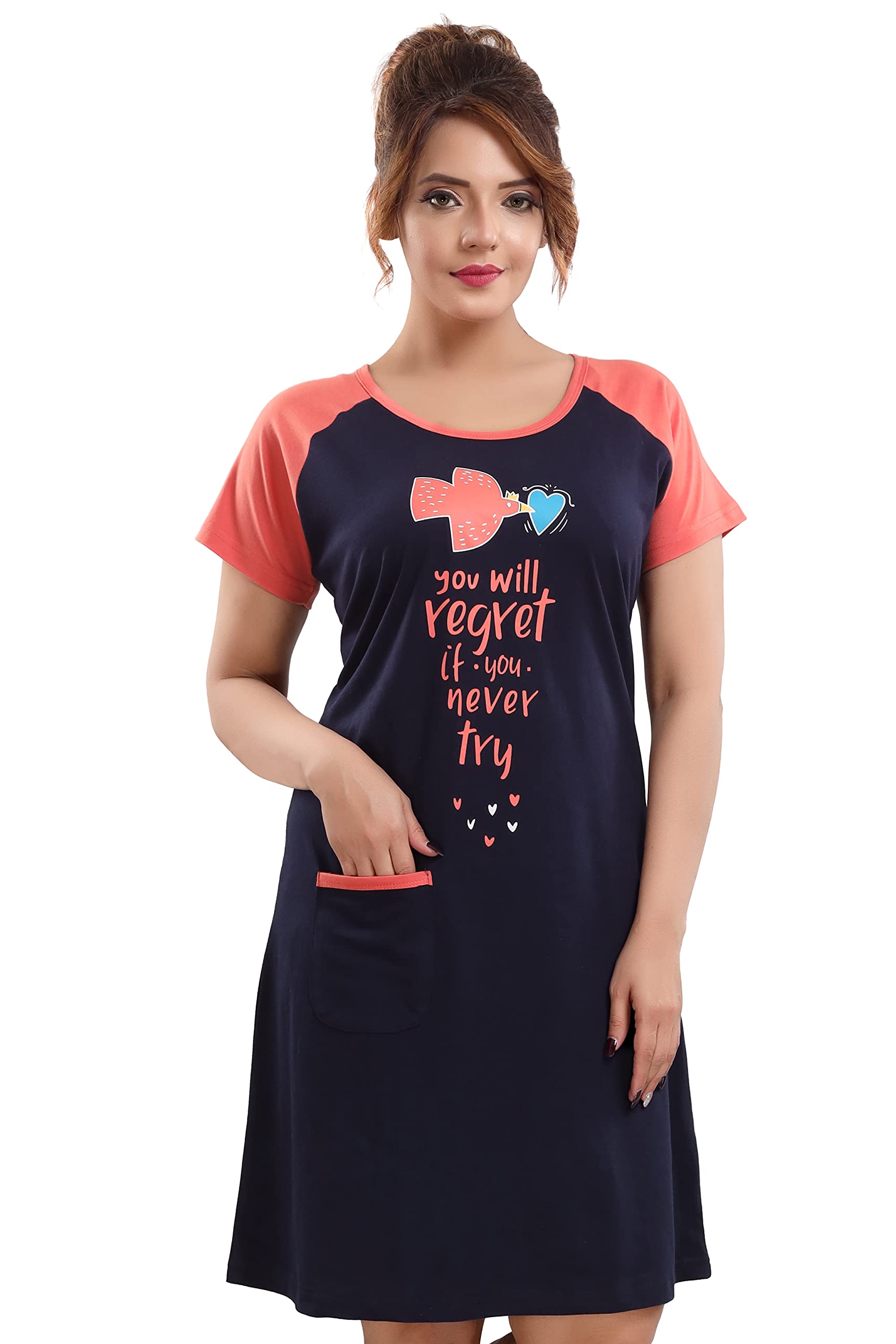 ATTEMPTWomen's Cotton Nighty/Nightgown/Sleepwear/Short Sleeve Nighties/Nightdress/Female Nightwear