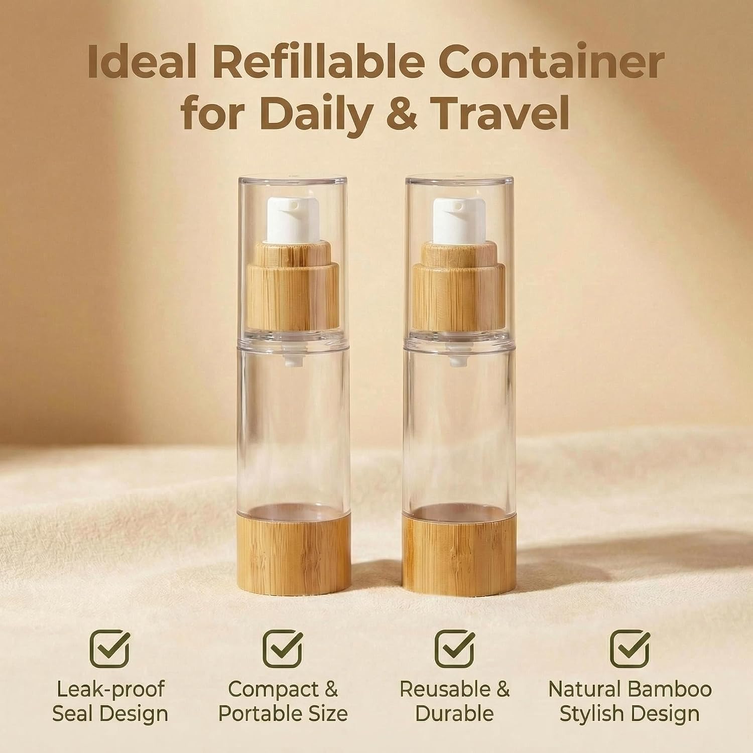 2Pcs 30ml Airless Pump Bottles Refillable Cosmetic Cream Pump Bottle with Bamboo Decoration Leak Proof Travel Lotion Pump Bottles Soap Dispenser Containers for Cream Lotion Foundation Essential Oil image 3