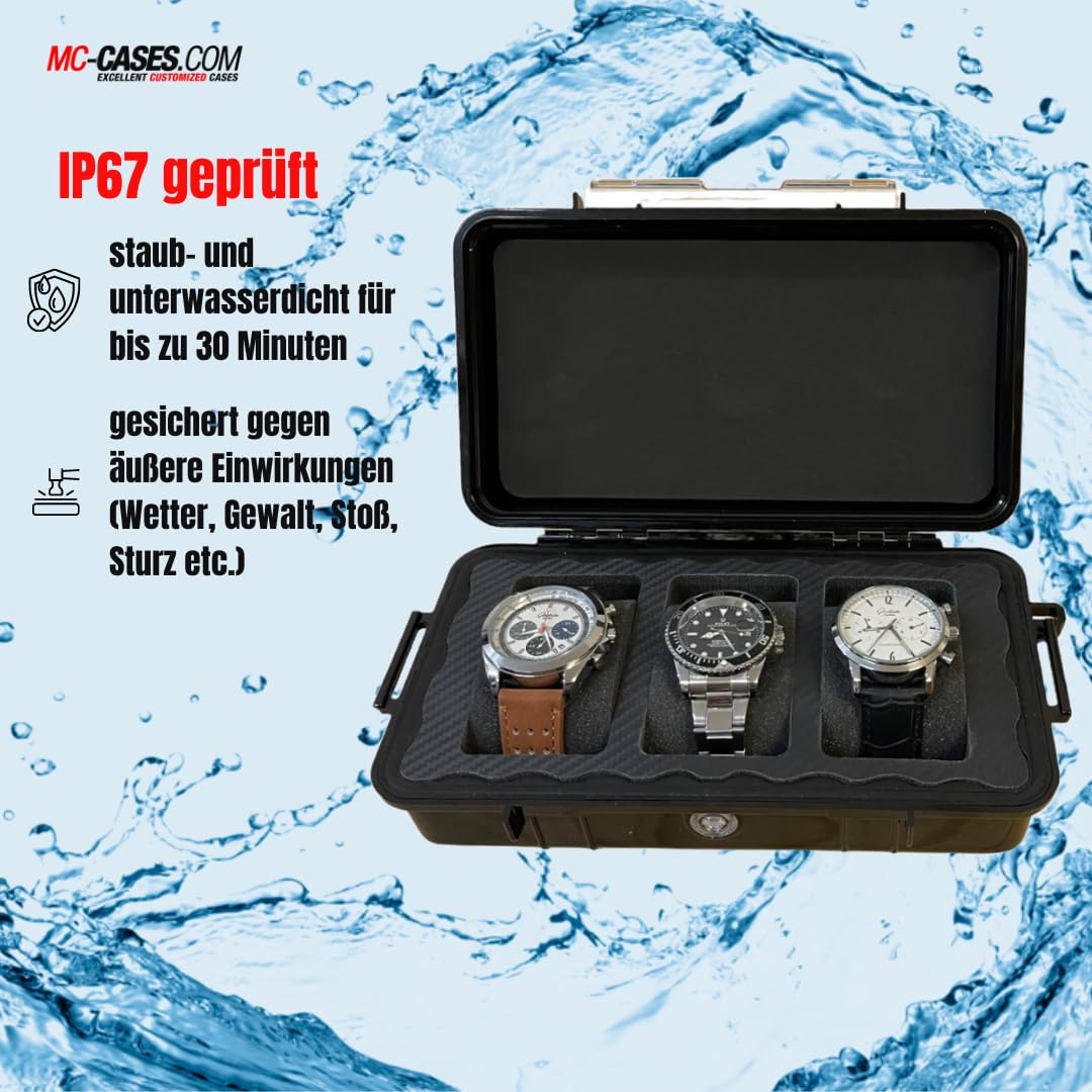 kompakte Uhrenbox für bis zu 3 Uhren - Wasserdicht - Extrem geschützt - Made in Germany - Luxery Line carbon Style - hochglanz schwarz - Perfekt für Reisen