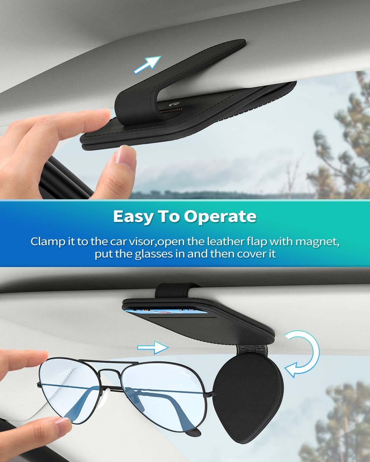 MoKo 2 Pack Magnetic Leather Sunglasses Hanger Clip, Car Sunglasses Holder Visor Accessories with 2 Card Holder for Storing Glasses Card Mask, Black