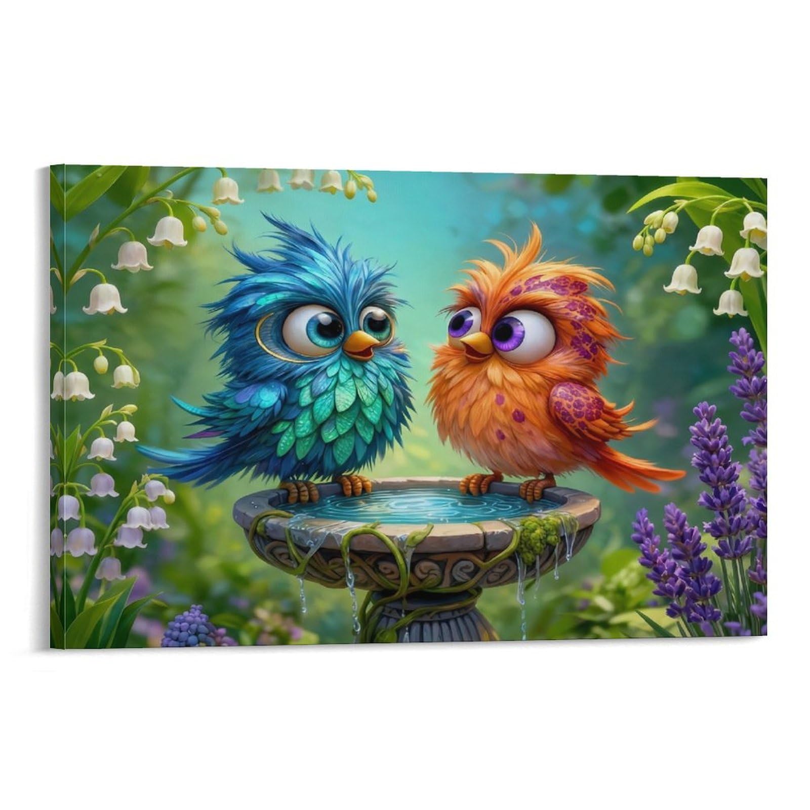 CPLVKWRQJ Cute Bird Couple 1 Piece Two Colorful Birds Floral Birdbath Wall Artwork - Bedroom Canvas Painting Space Transformer Easy to Clean Decor 20x30inch(50x75cm)