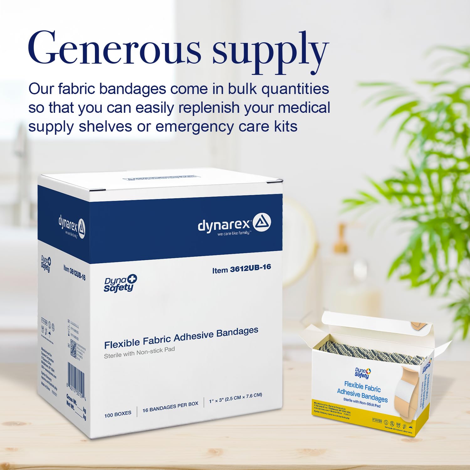 Dynarex Sterile Adhesive Fabric Bandages – 1" x 3" Flexible Wound Dressing for Minor Cuts, Breathable Material, Secure Fit with Non-Stick Pad, Case of 100 Boxes, 16 per Box