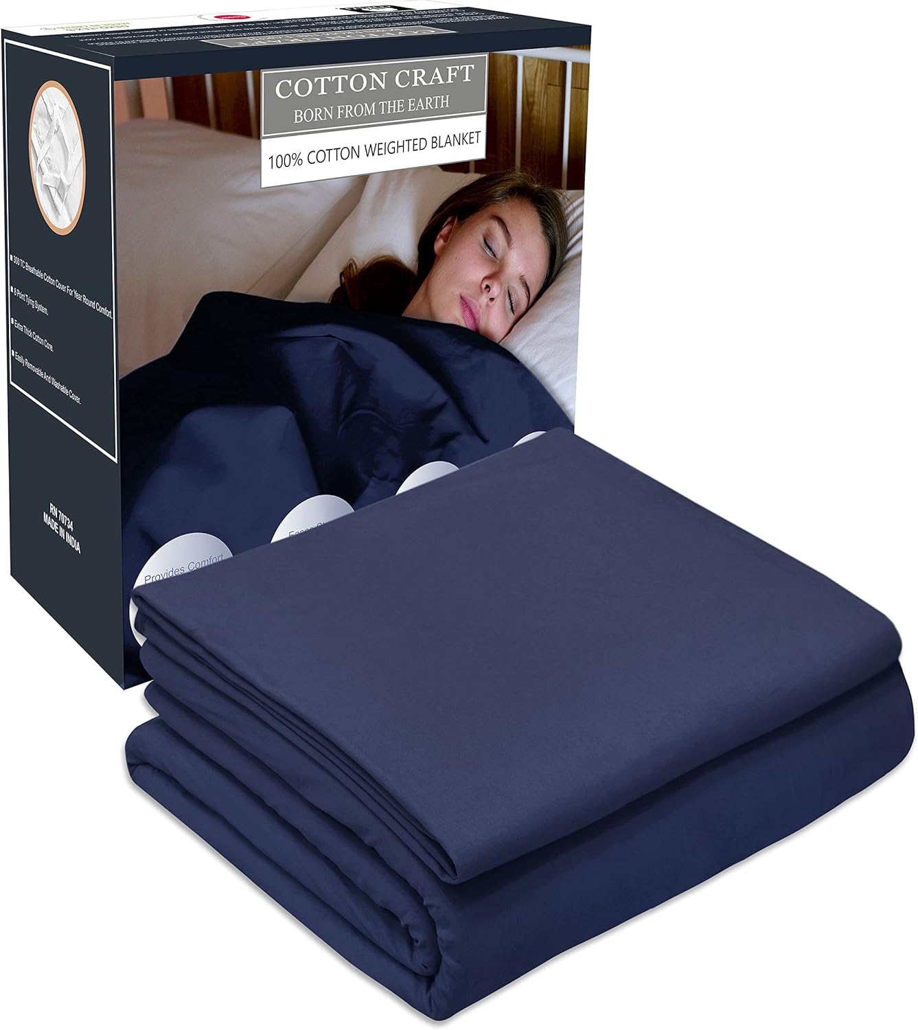 COTTON CRAFT Heavy Weight Thermal Blanket – 12 Lb – Bonus Cotton Quilt Cowl – 100% Cotton 5 Layer All Season Breathable Weighted Throw – Cooling Heavy Blanket – Thick Consolation Blanket – 40 x 72 – Blue