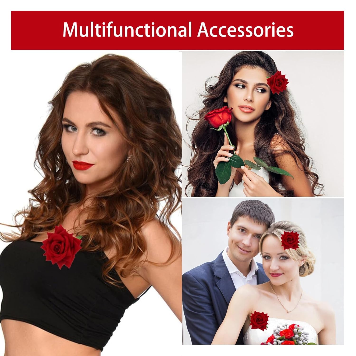 6 Pcs Red Rose Hair Clip for Women Girls, Flower Hair Clips Fabric Brooch Rose Floral Clip, Rose Red Hair Accessories for Wedding Halloween Party (2, Large and 4, Medium) - Image 6