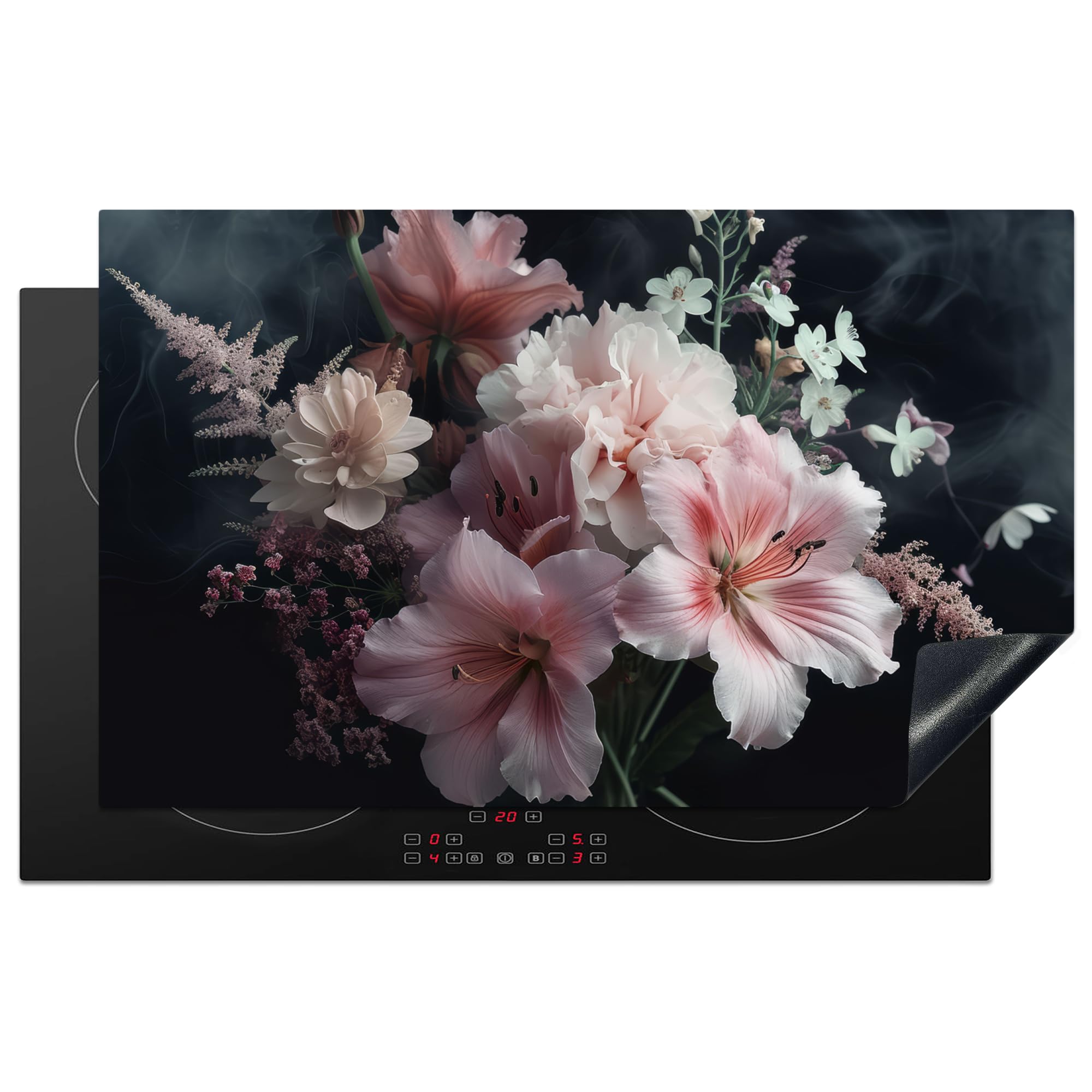 KitchenYeah© Induction Hob Protector Mat 20.5"x33.5" / 85x52 cm Cooker Top Protectors Cover Ceramic Covers Electric Hobs Vinyl Flowers - Pink - Vapour - Plants — image 1