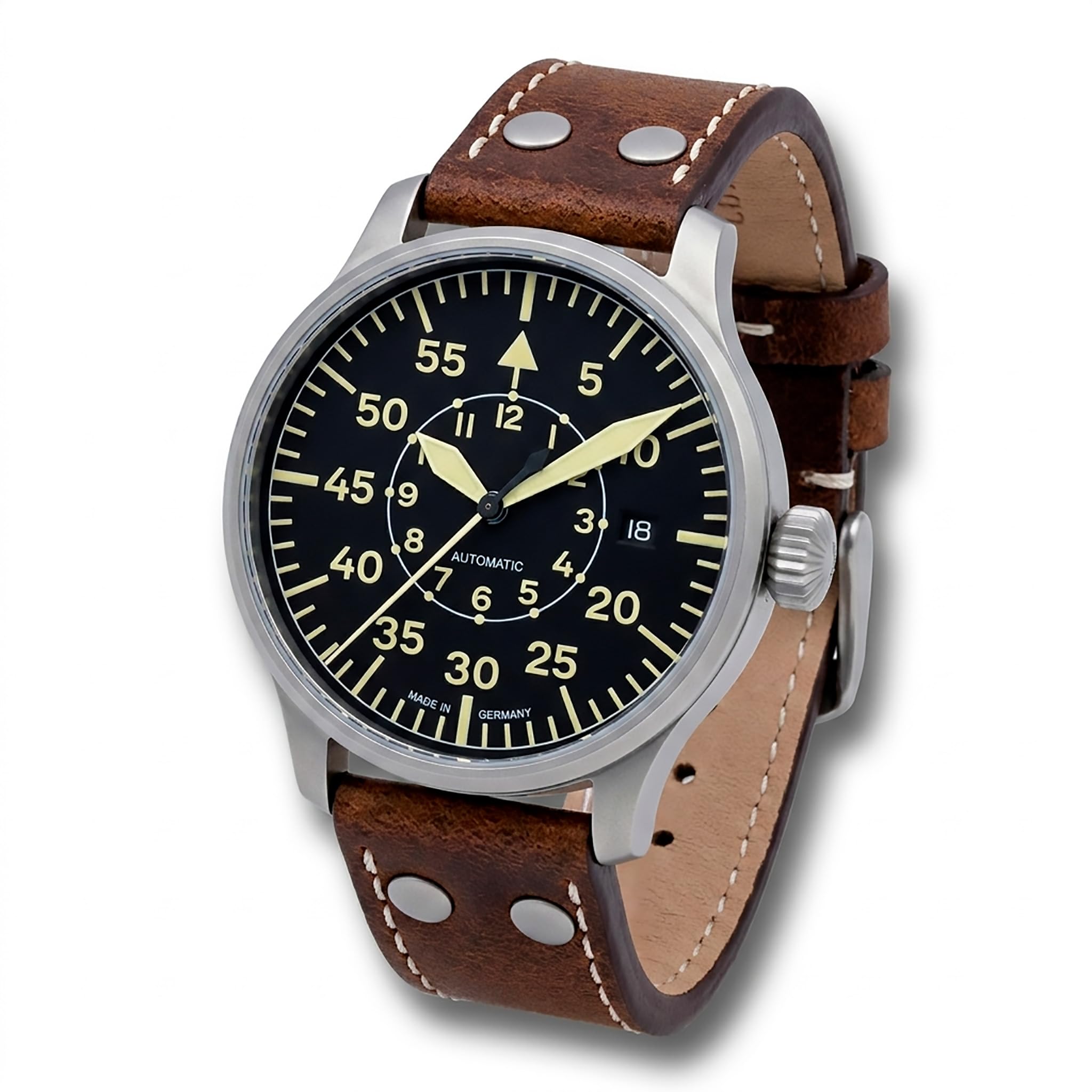 Aristo 7H117 Vintage 42 Pilot Automatic - Montre aviateur classique avec précision suisse - Boîtier en acier inoxydable sablé d'un diamètre de 42 mm - Cadran Pilot - Verre saphir - Fabriqué en