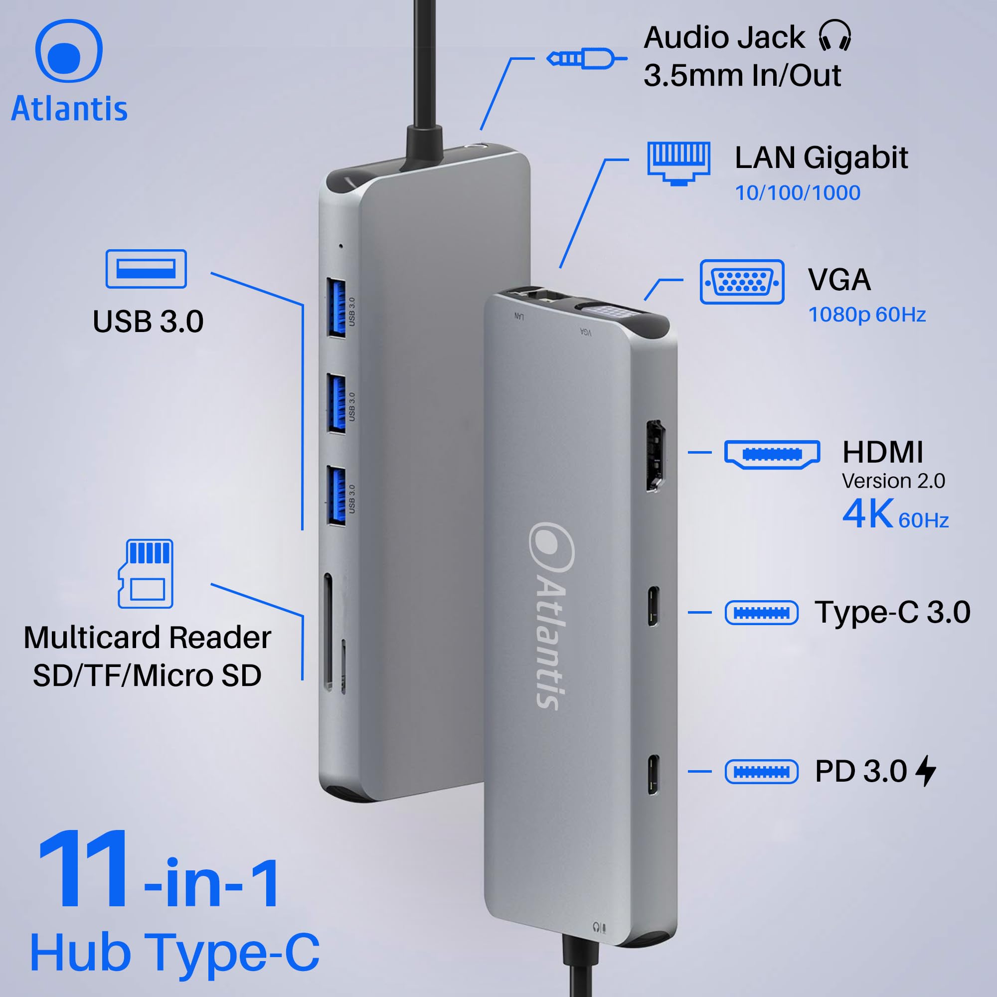 Atlantis Docking Station USB-C con HDMI 4K, VGA e LAN Gigabit, PD 85W | 3porte USB 3.0, 1 porta USB-C, audio IN/OUT 3,5 mm, lettore schede, cavo 18 cm, per notebook, cod. A04-TC_DK46