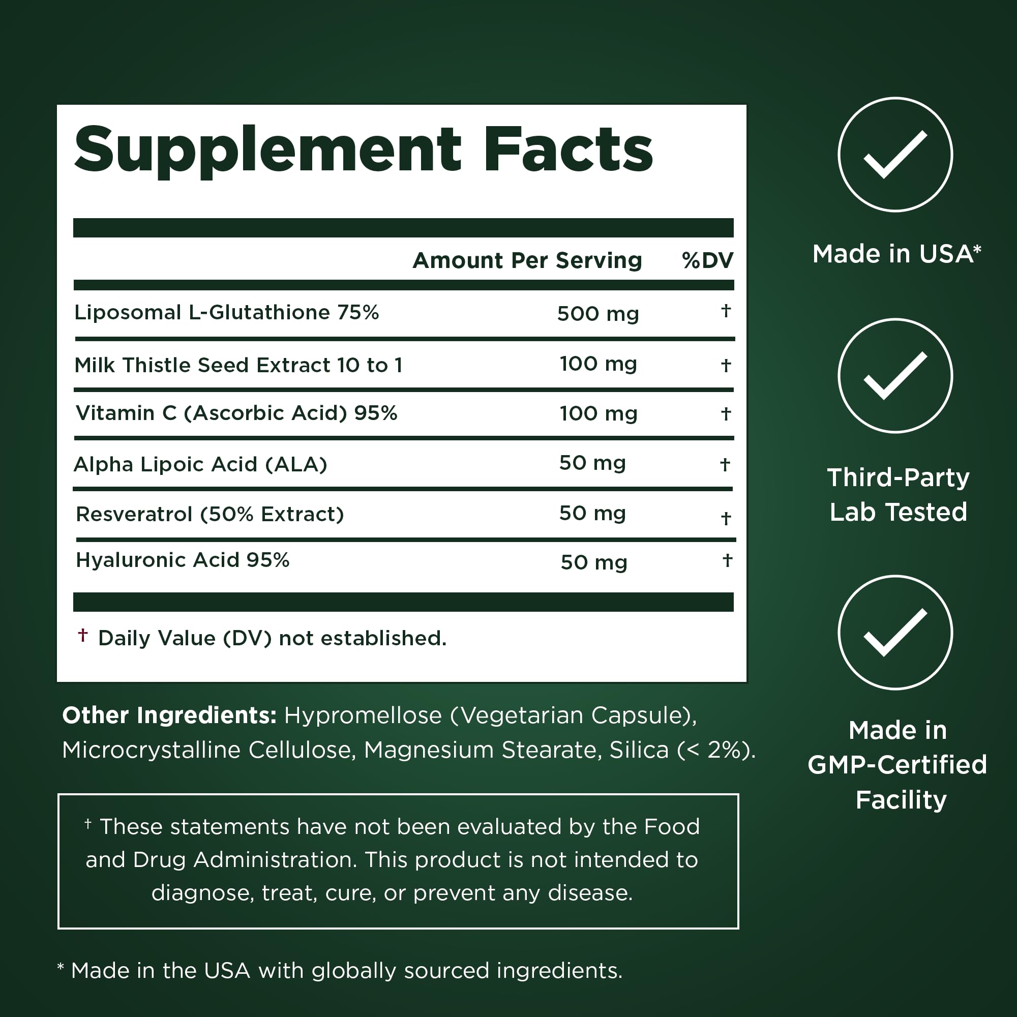 Liposomal Glutathione Capsules with Resveratrol & Milk Thistle Supplement for Men and Women - L-Glutathione - 60 Capsules, Third Party Tested, Made in USA — Amazon image 6