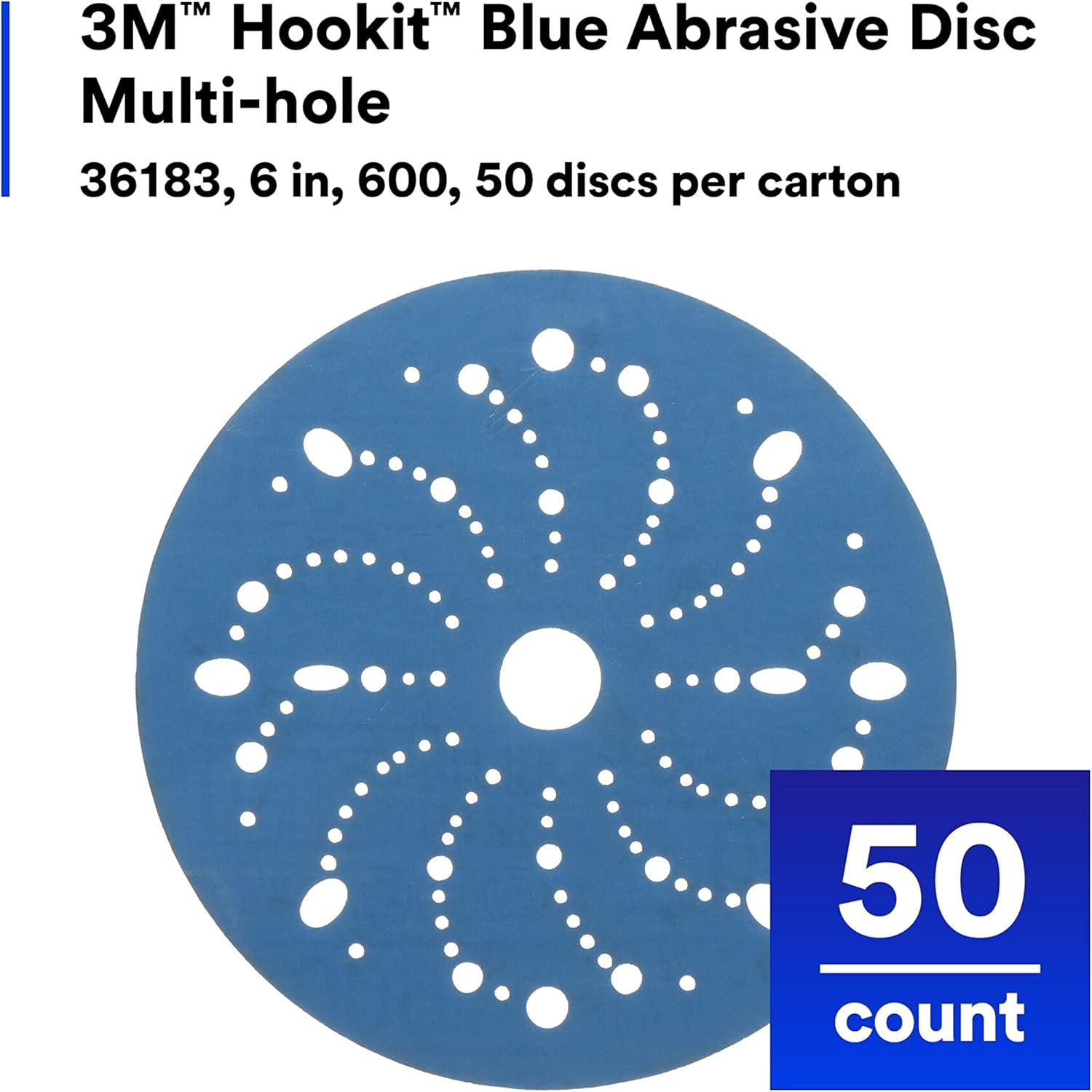 3M Hookit Blue Abrasive Discs 36183, Multi-Hole, Blend Preparation, Paint Preparation, 6 in, 600 Grade, 50 Discs/Carton