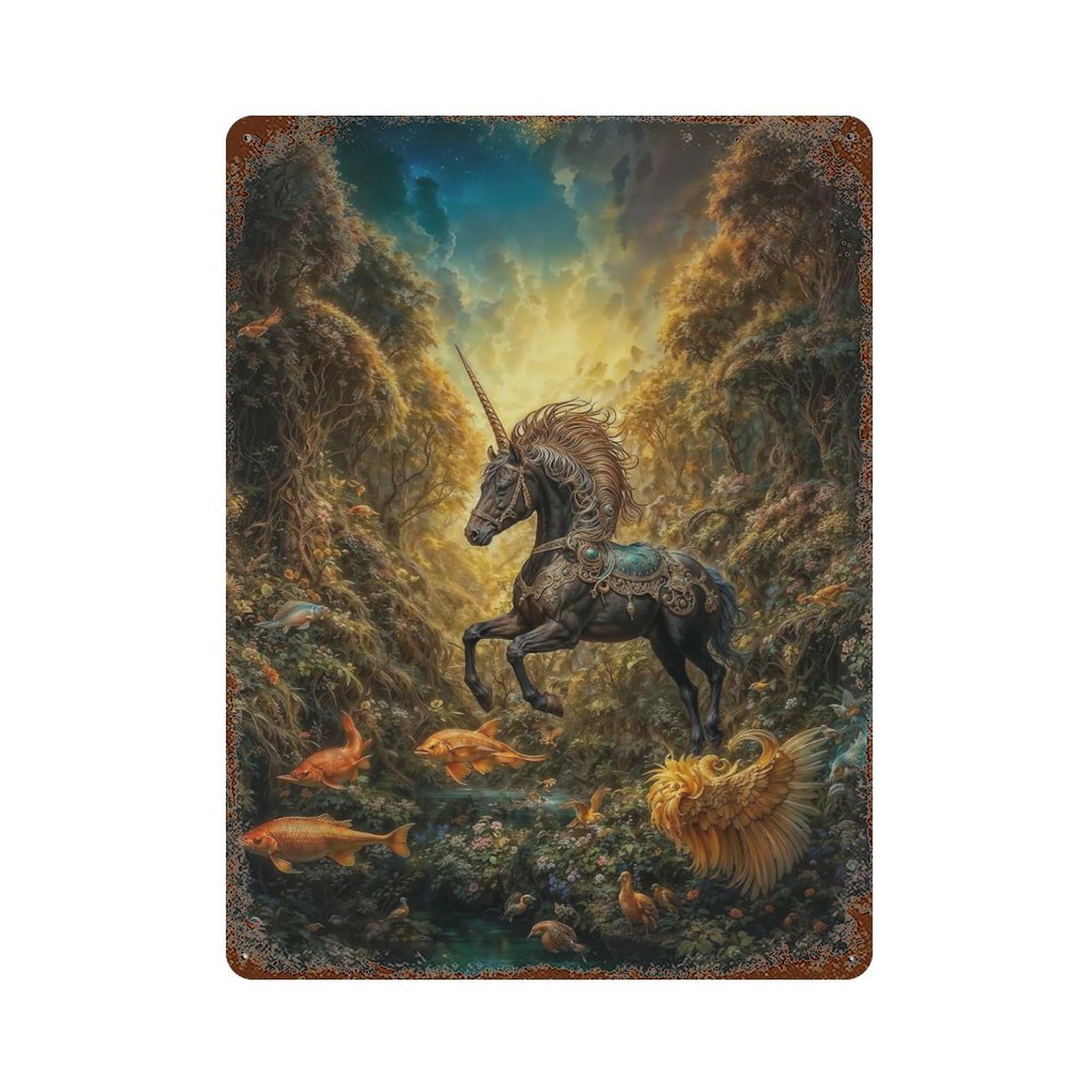 Black Unicorn in Enchanted Forest 15.7"x11.8" Aged Metal Wall Plaque, Novelty Wall Decor for Shed, Workshop And Garage Wall Decor