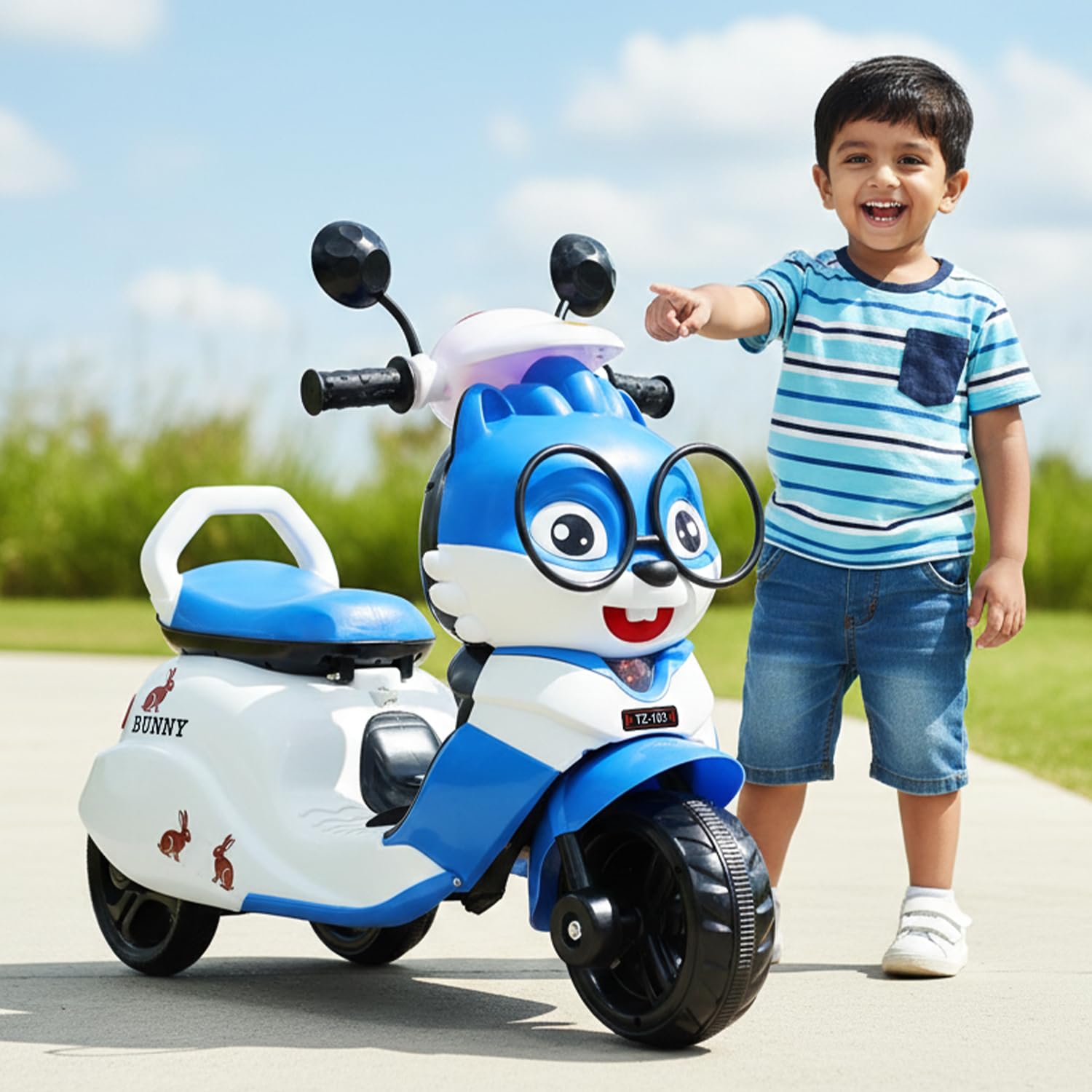 Toyzone Bunny Electric Scooter - Blue | Rechargeable Scooty 6V | Powered by 4.5 ah Battery | Music Player with Bluetoooth & USB | 6 Month Warranty on Battery | Make in India | for Kids 2+ Years 1