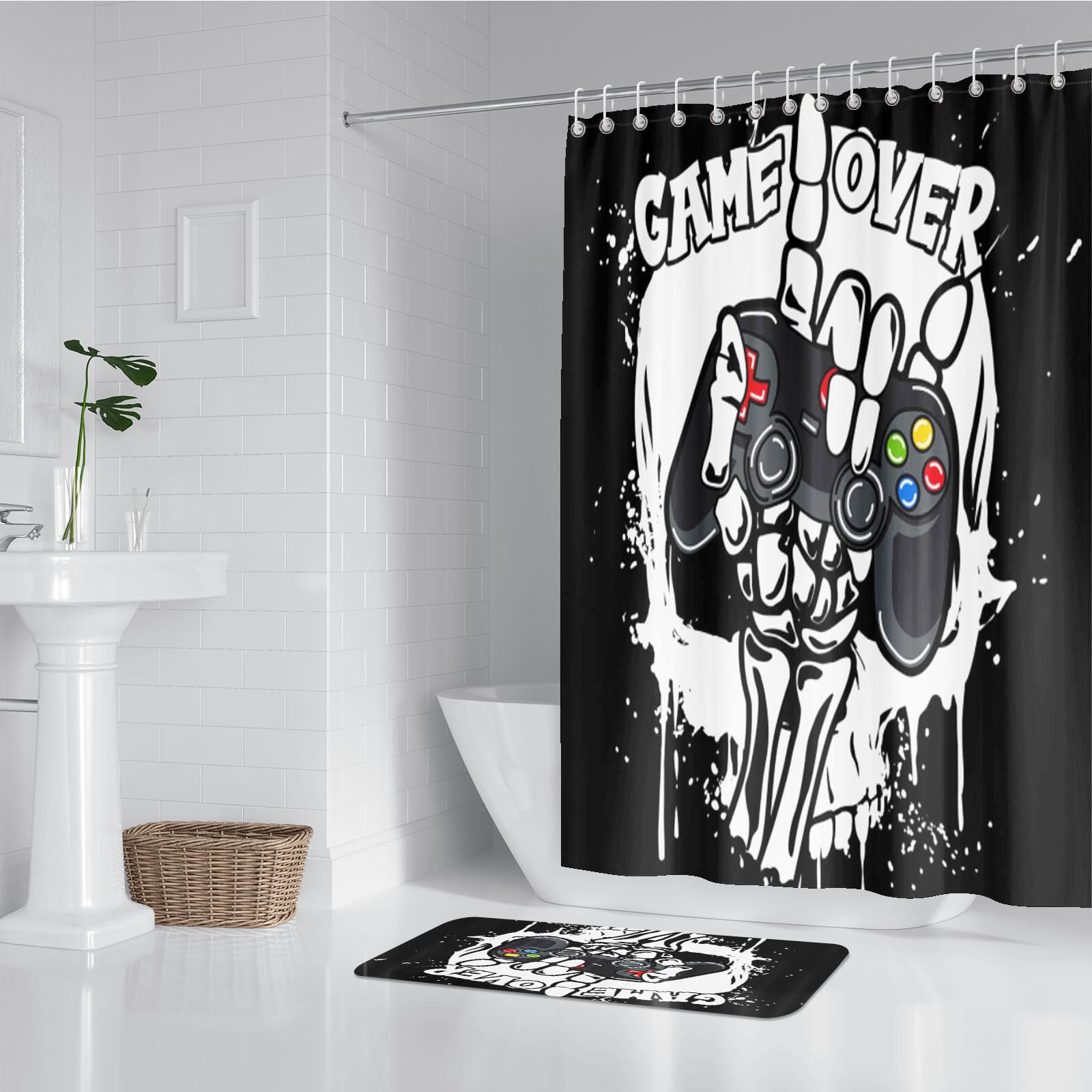 Gaming Controller Duschvorhang, Gaming-Duschvorhang-Set Gaming Duschvorhang 180x200 Gamer GamingTextil Duschvorhänge Badezimmerteppich 4-teiliges Set (4,200 x 200 cm)