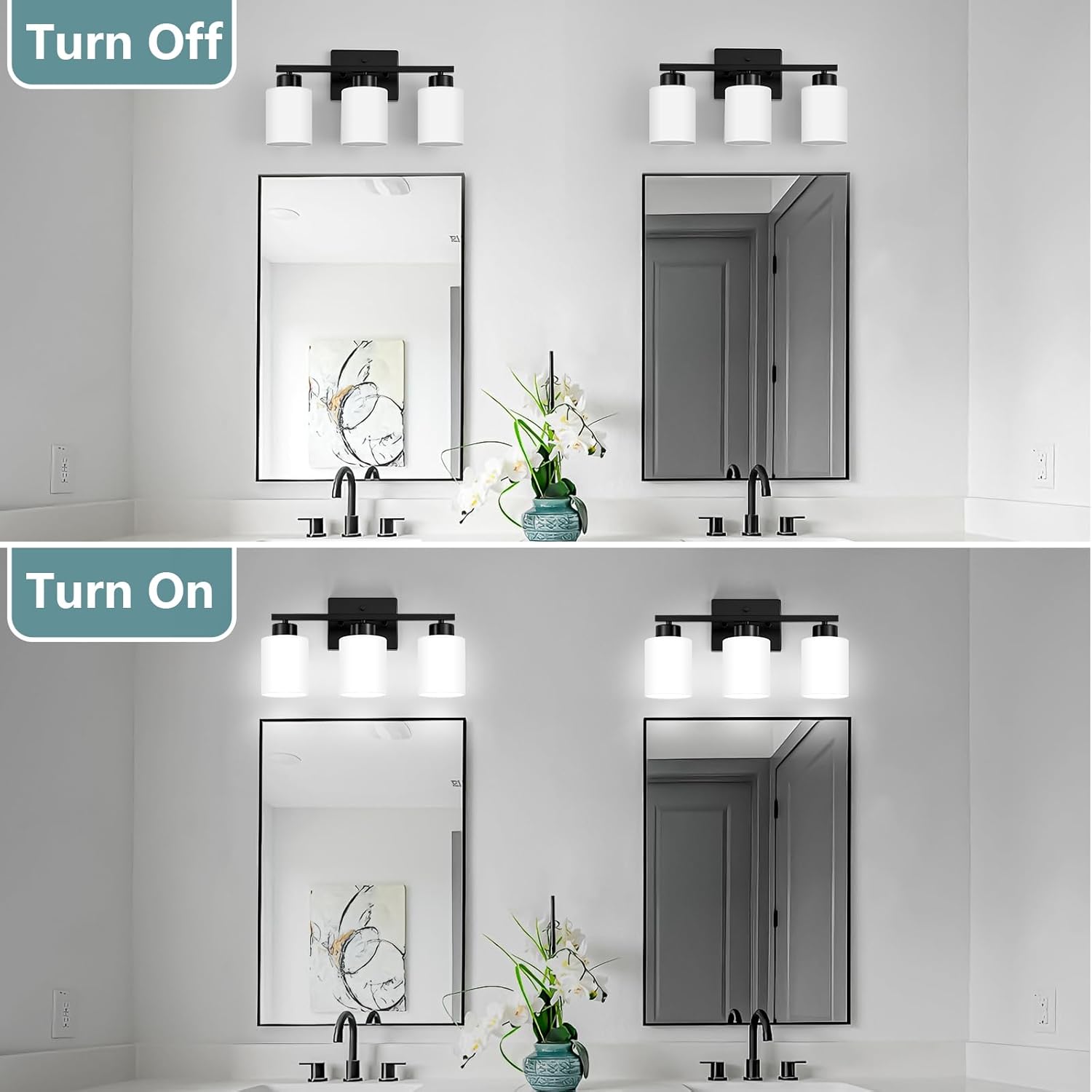 Black Bathroom Light Fixtures, 3-Light Modern Vanity Lights with Milky White Frosted Glass Shades, Wall Sconces for Mirror, Bathroom, Restroom (E26 Socket)